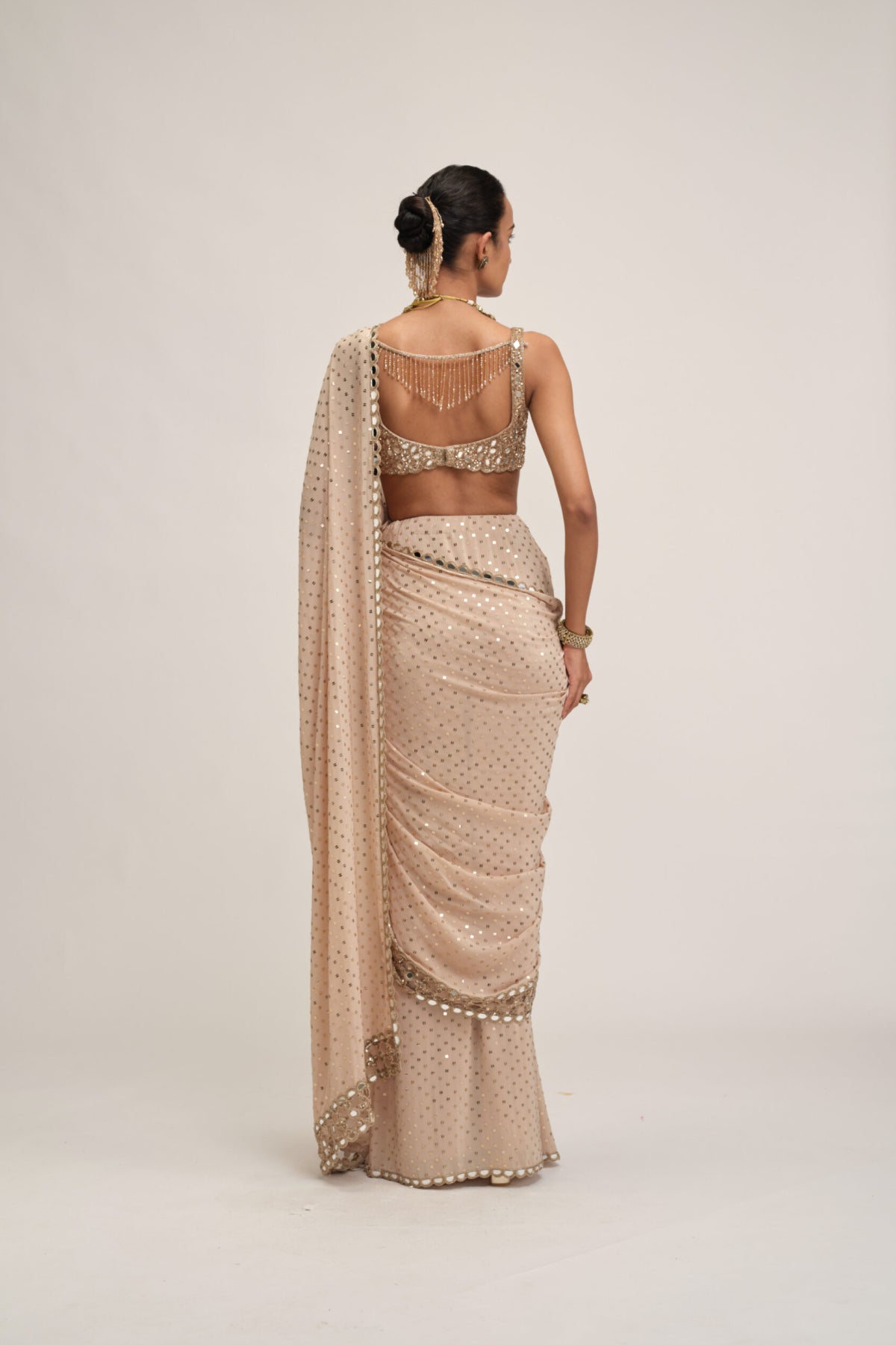 Light Beige Round Neck Cutwork Border Saree Set