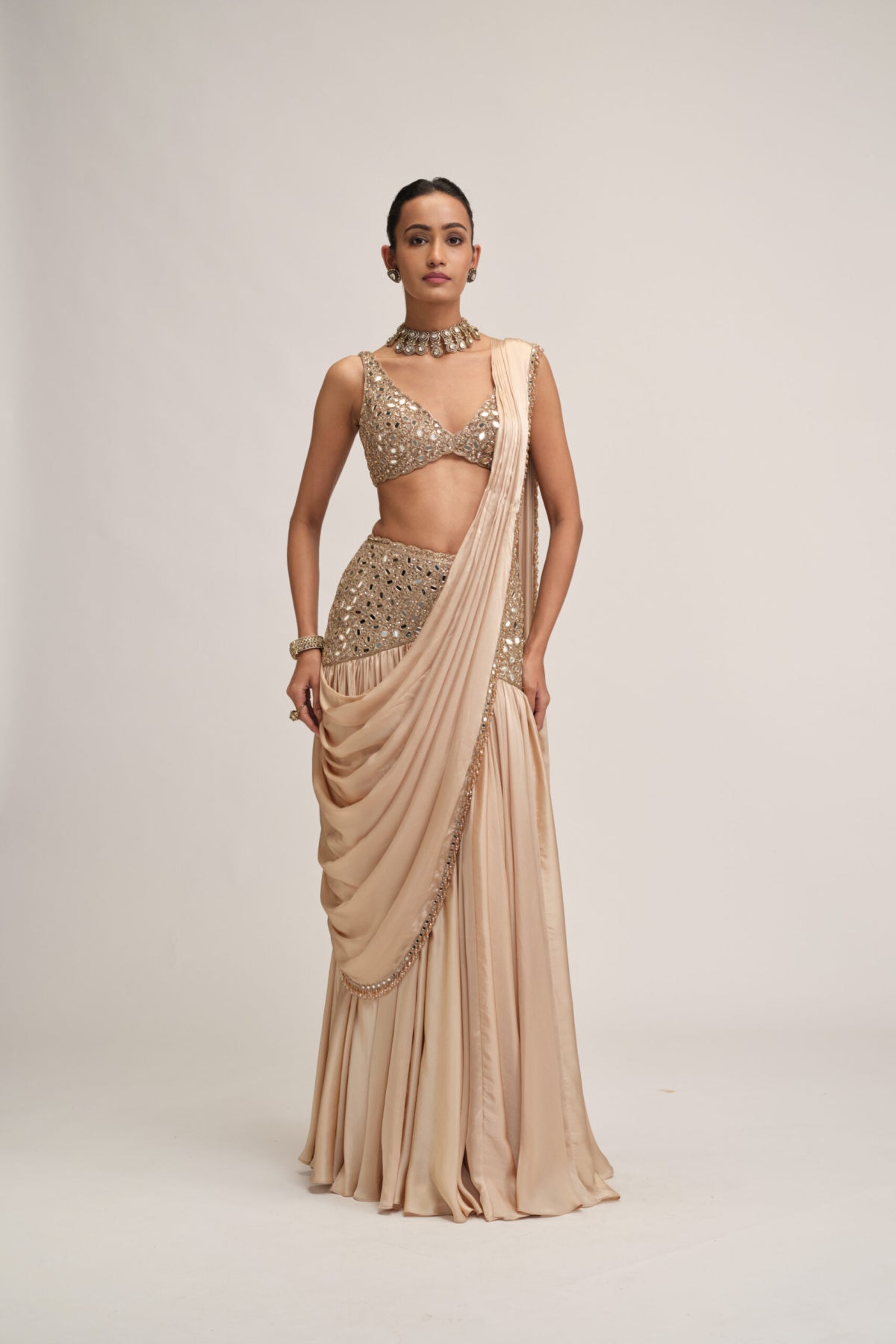 Light Beige Satin Draped Saree Set