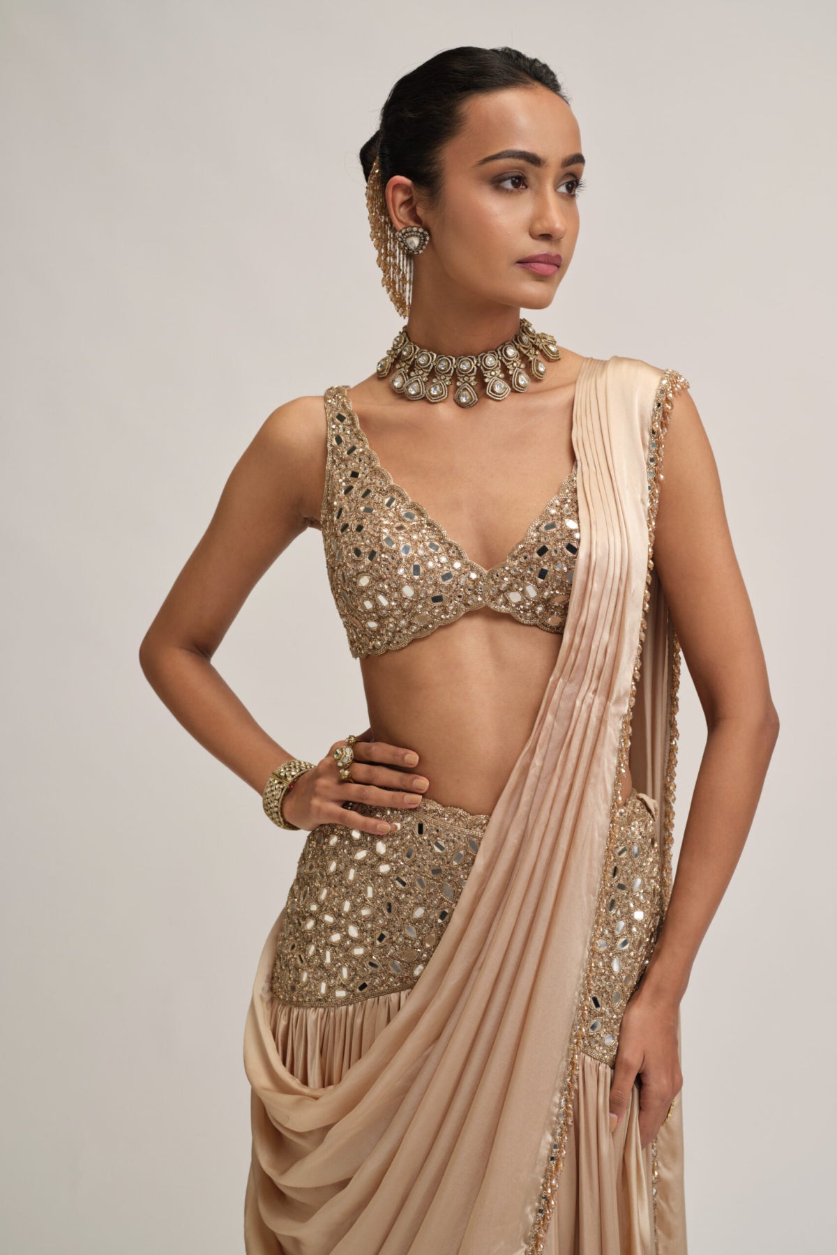 Light Beige Satin Draped Saree Set