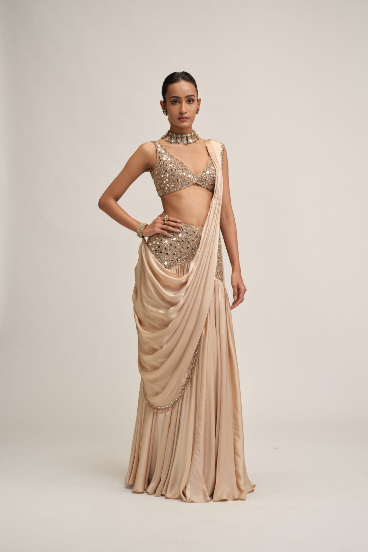 Light Beige Satin Draped Saree Set