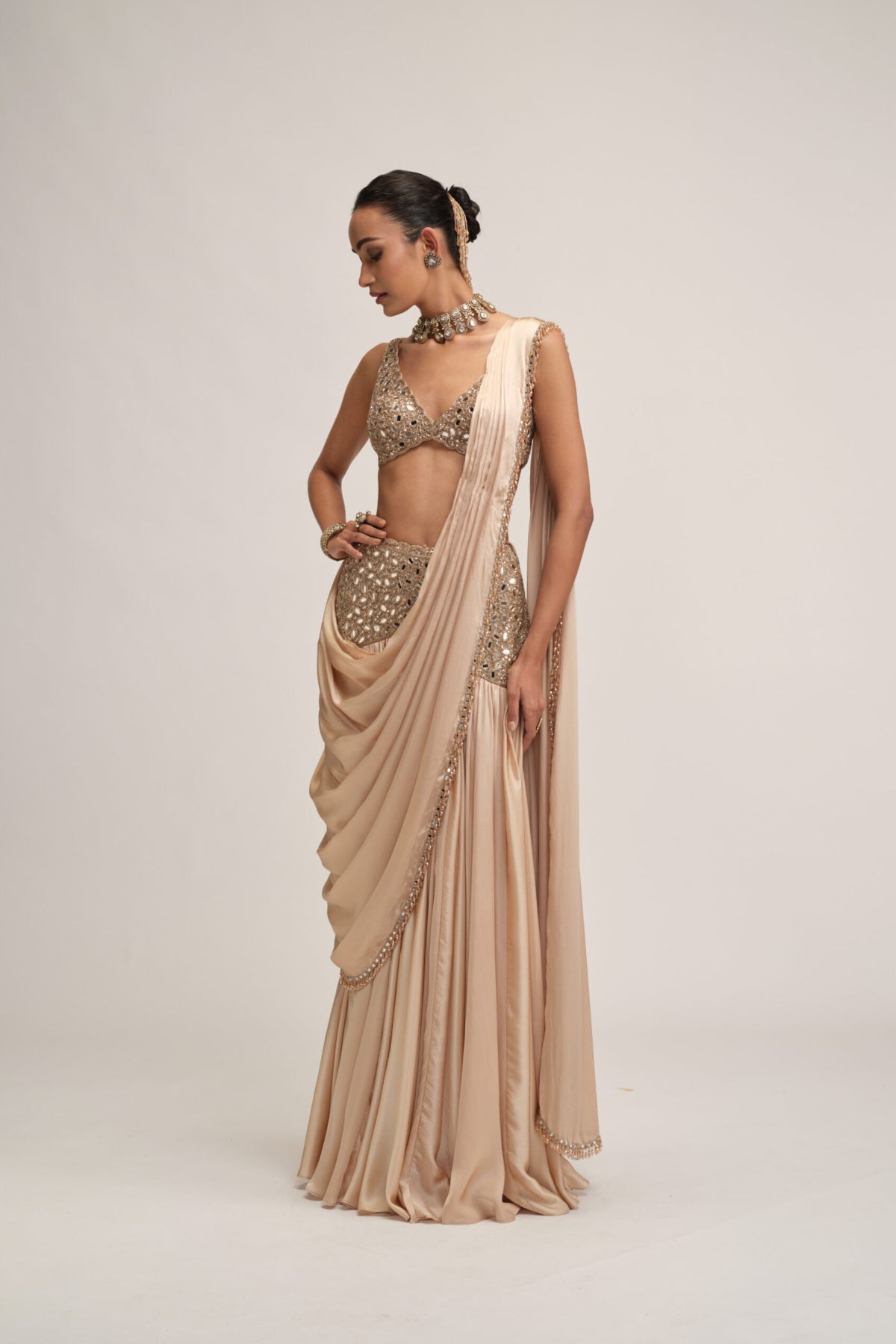 Light Beige Satin Draped Saree Set
