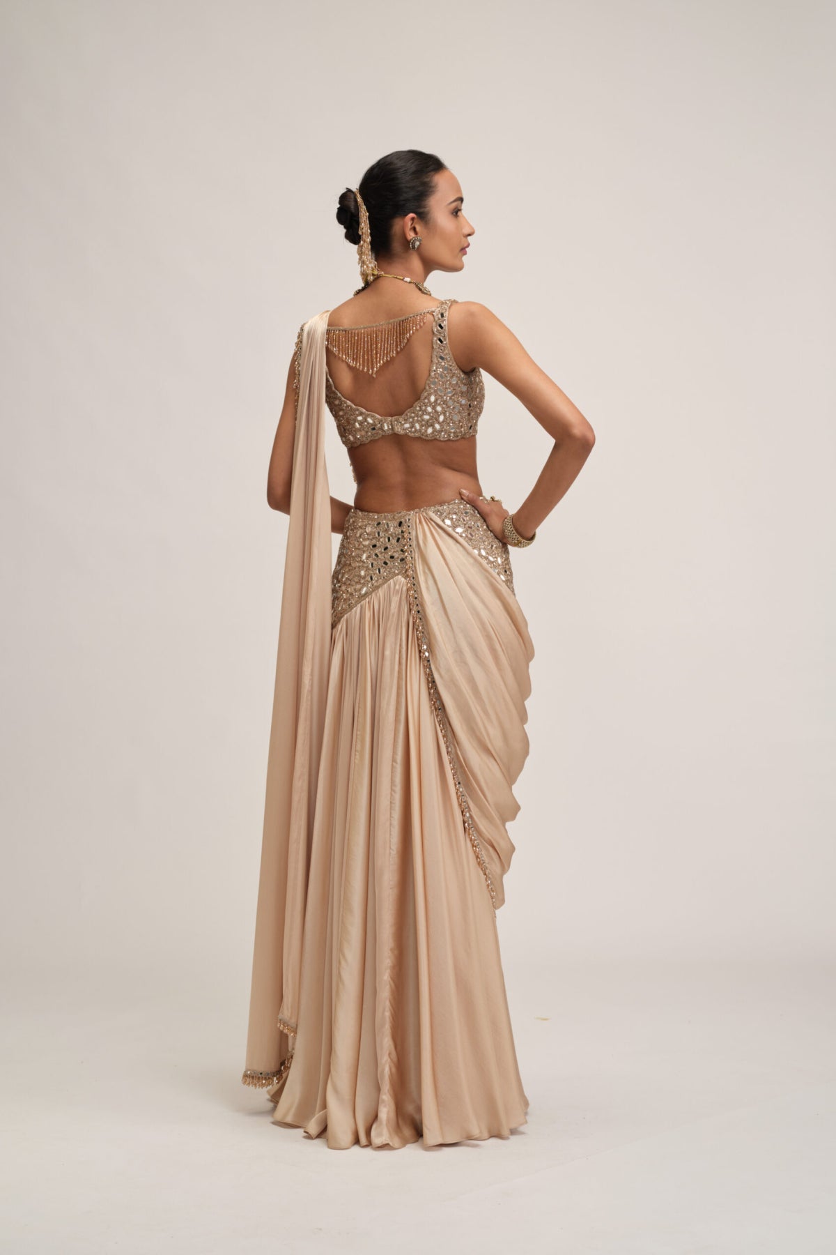 Light Beige Satin Draped Saree Set