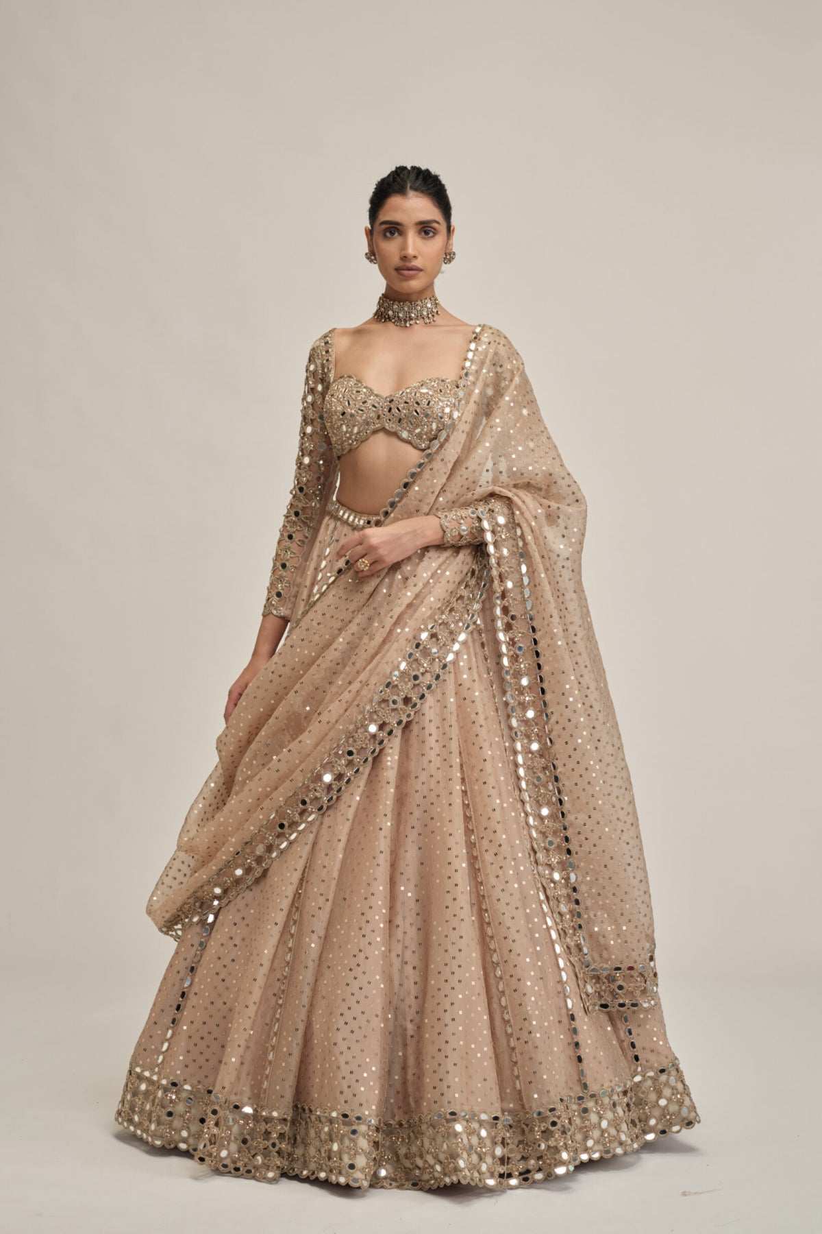 Light Beige Sequins Embroidered Full Sleeves Lehenga Set