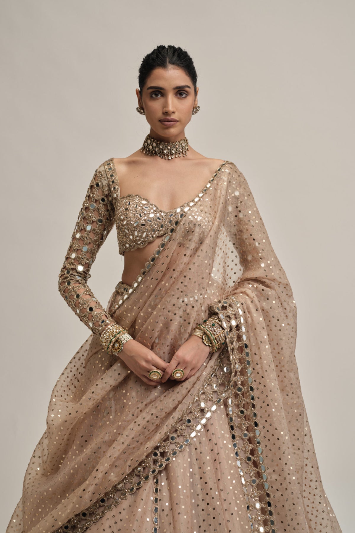 Light Beige Sequins Embroidered Full Sleeves Lehenga Set