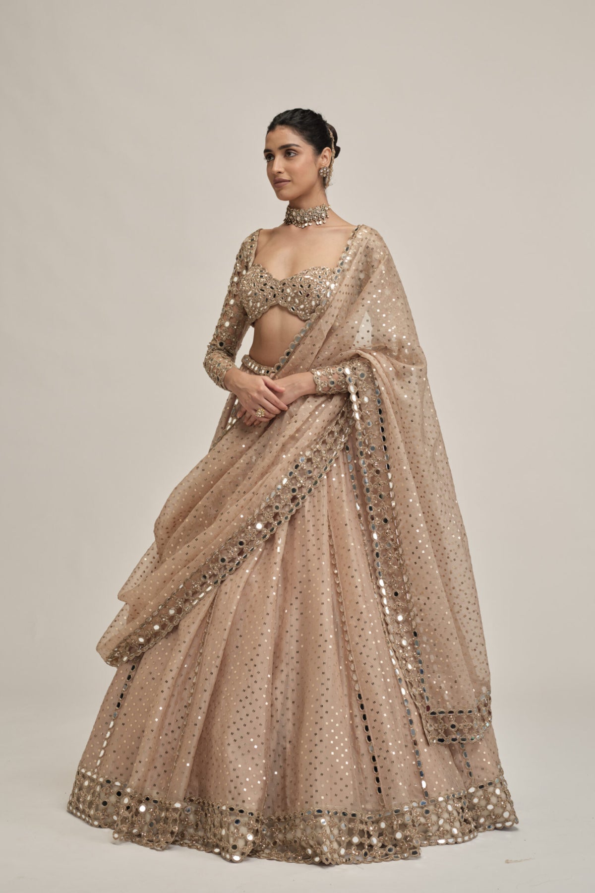 Light Beige Sequins Embroidered Full Sleeves Lehenga Set