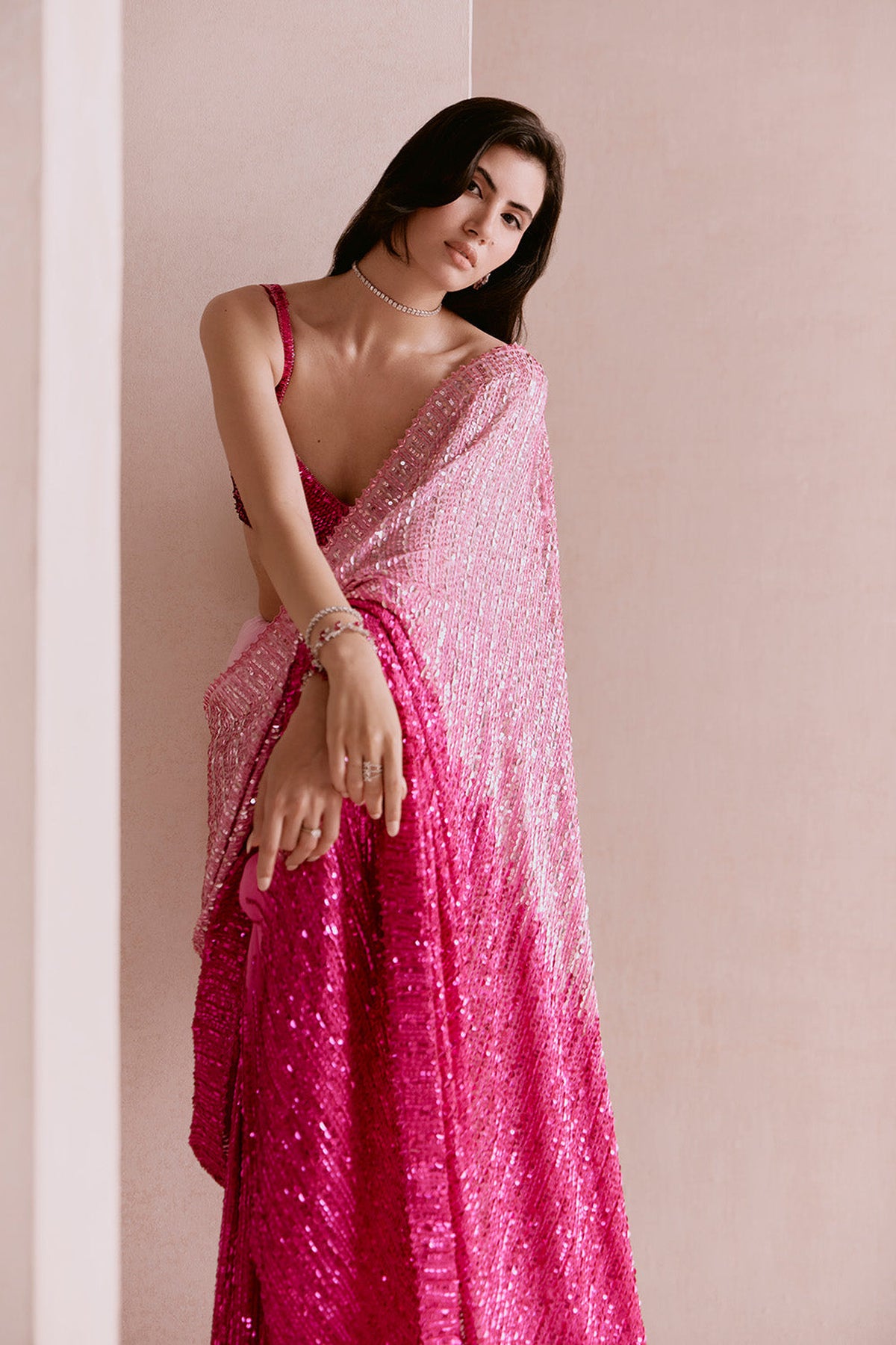 light to hot pink ombre sequin saree