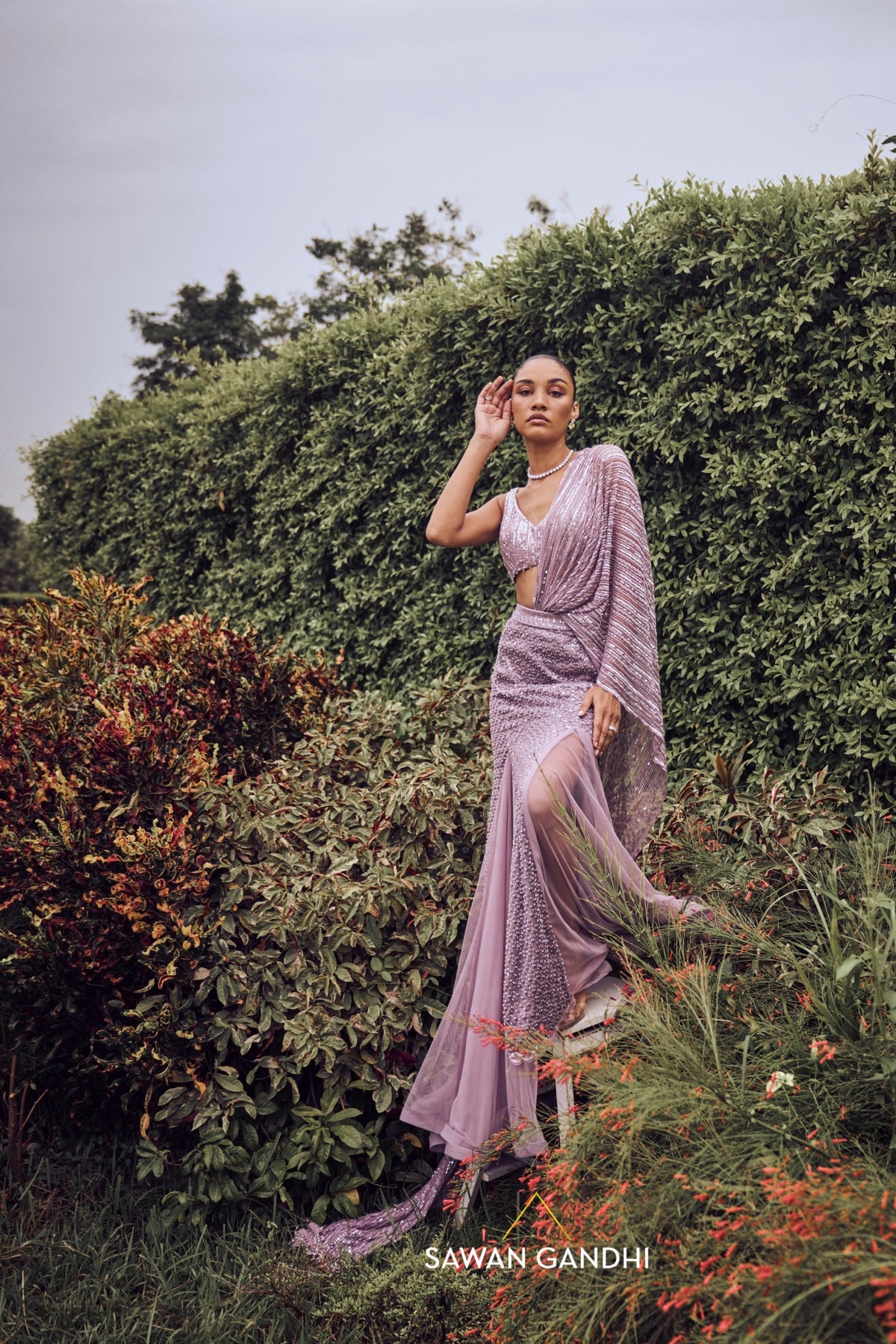 Lilac fishcut drape saree