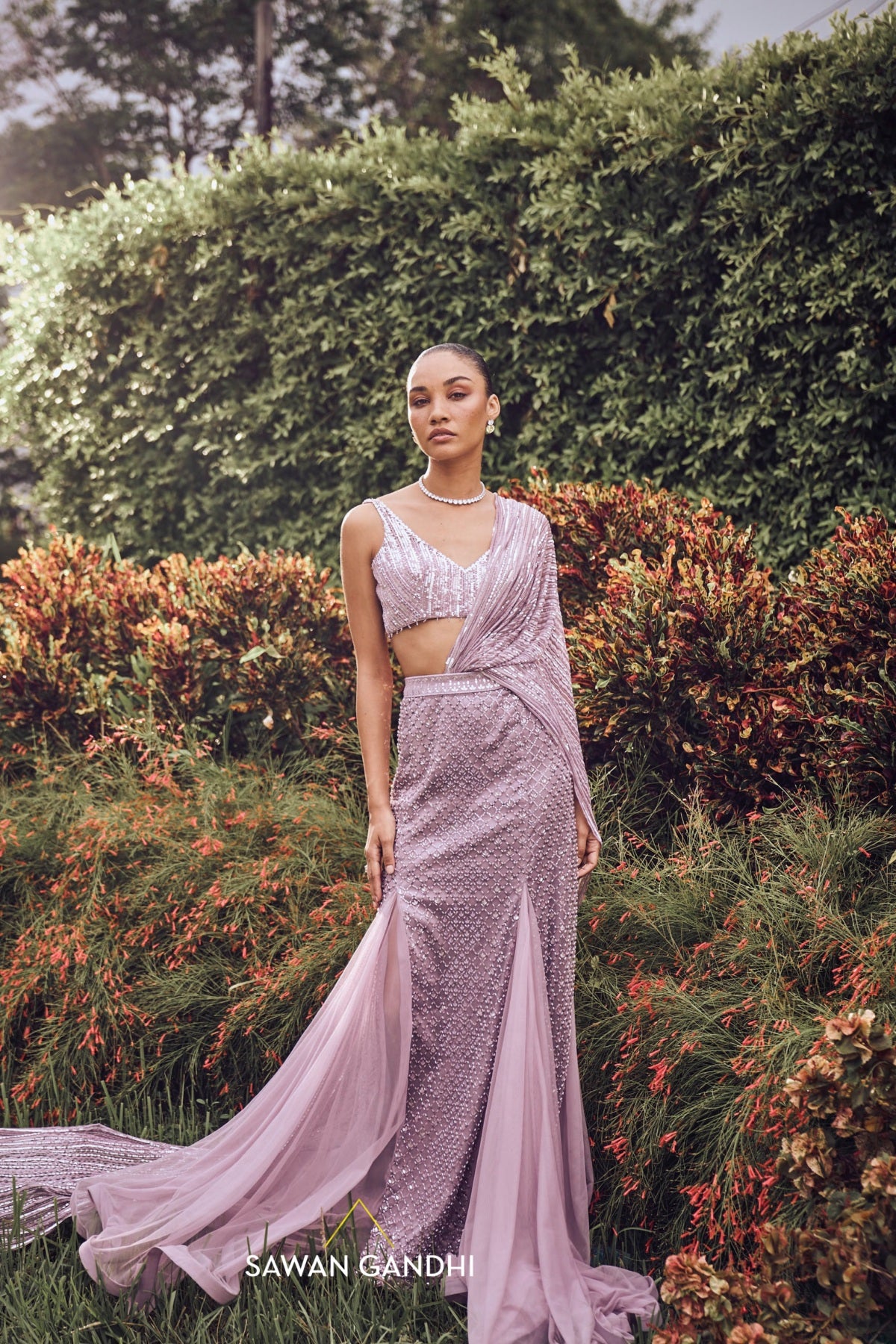 Lilac fishcut drape saree