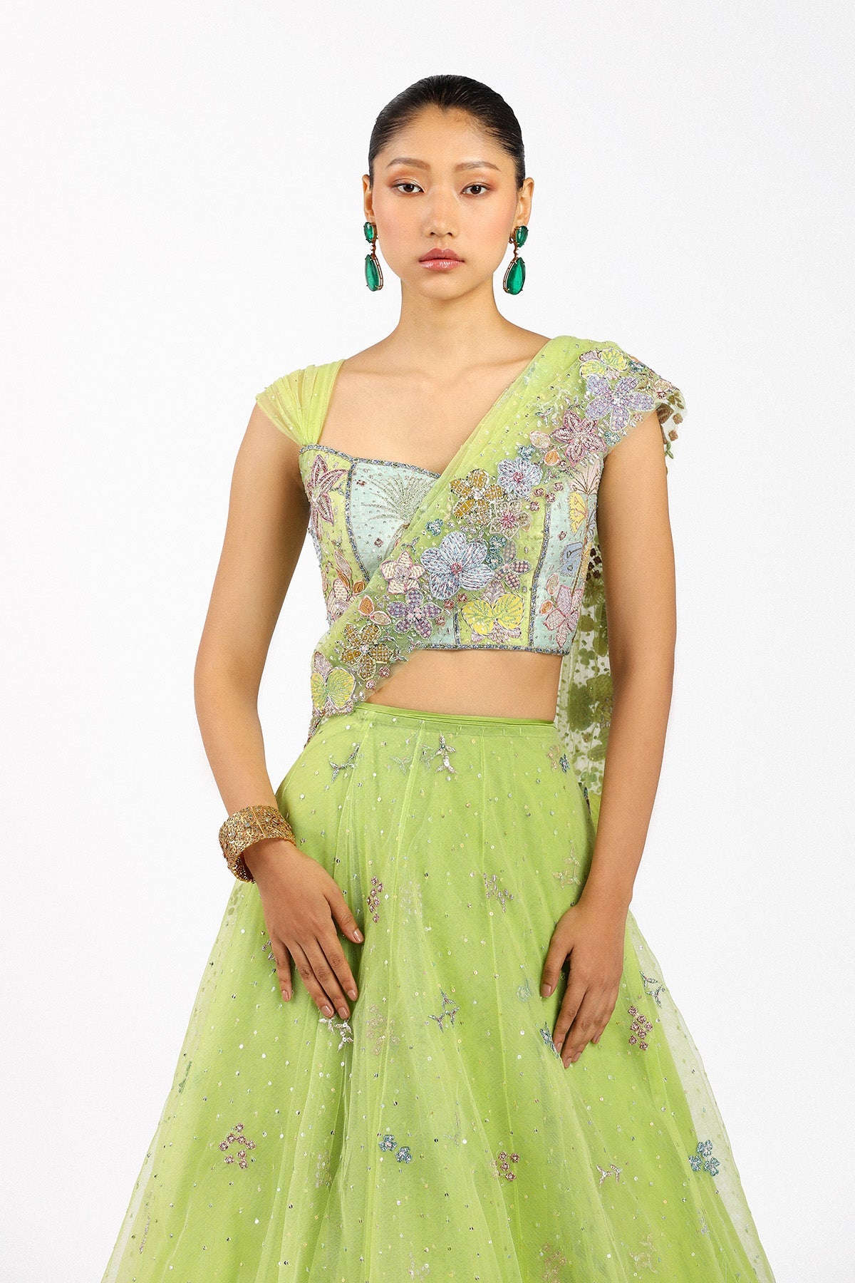 Azalée - Lime Green Tulle Saree Lehenga - Ready To Ship