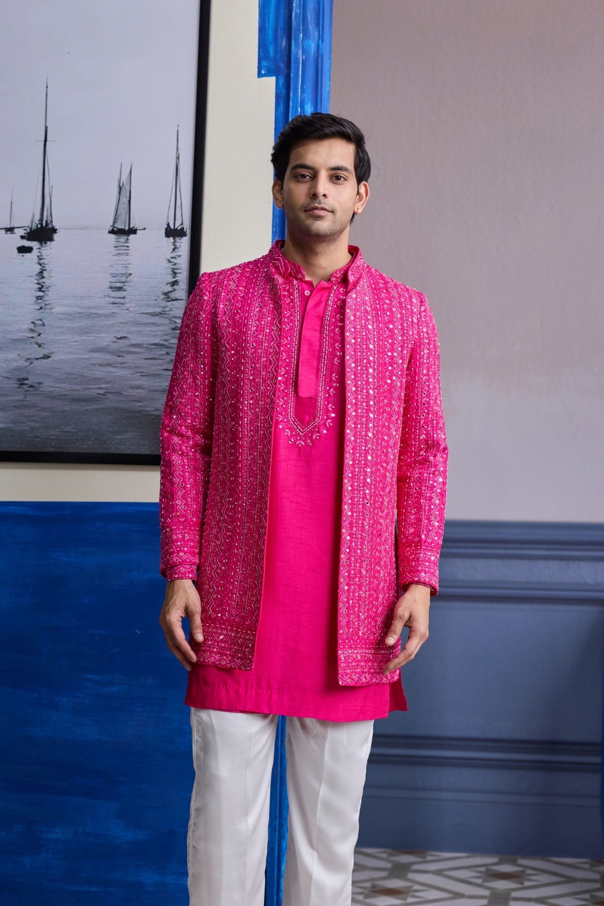 Fuschia Pink Mirror Embroidered & Thread Work Bandhgla Jacket With Kurta & Pants