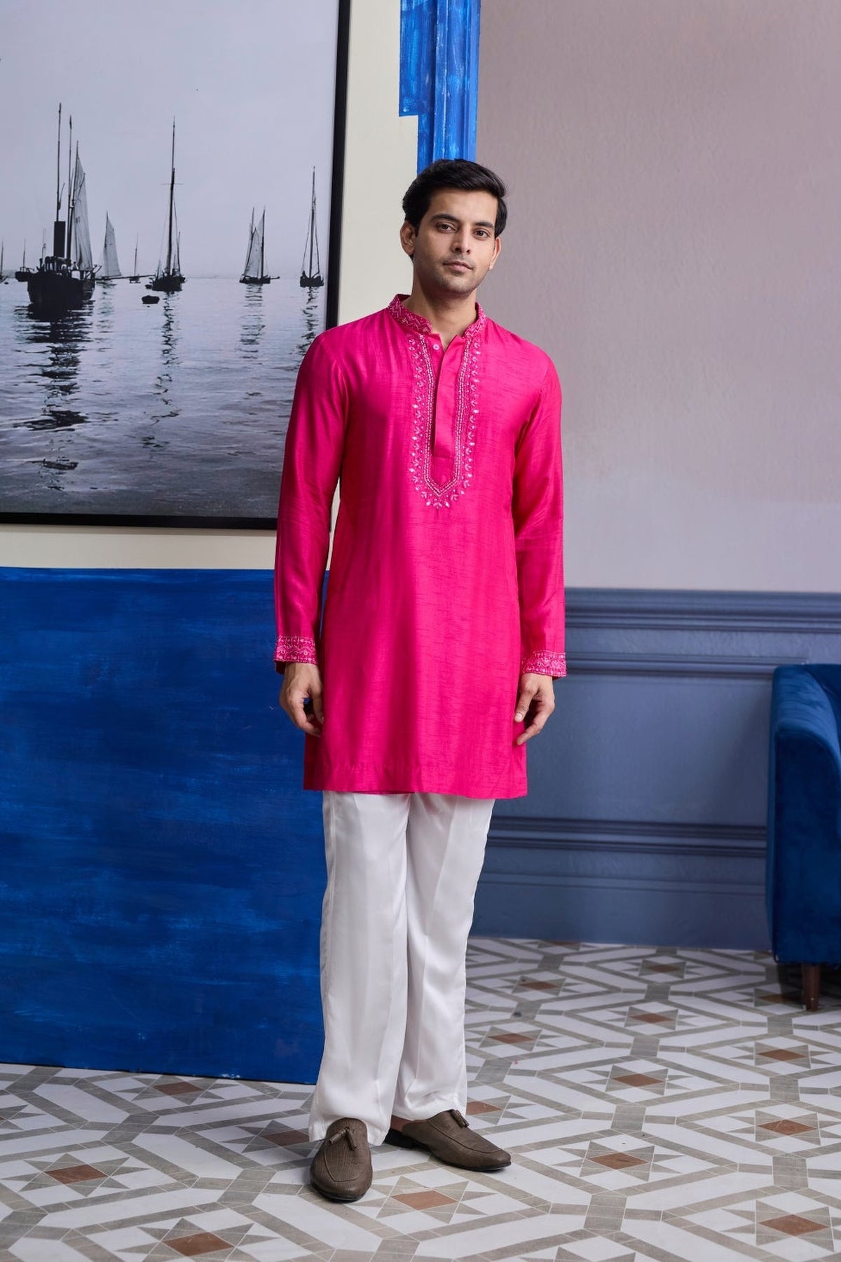 Fuschia Pink Mirror Embroidered & Thread Work Kurta With Pants