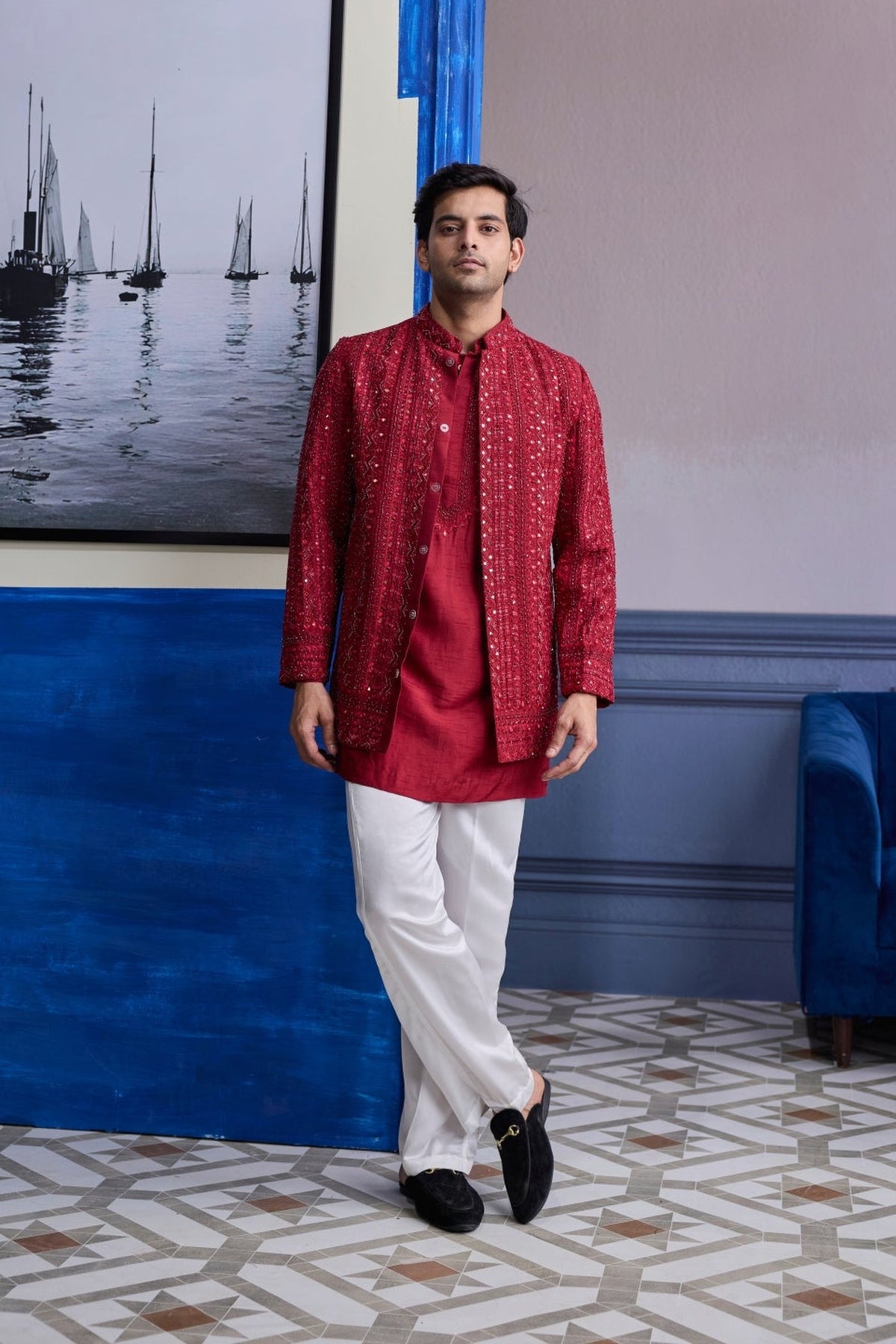 Maroon Mirror Embroidered & Thread Work Bandhgla Jacket With Kurta & Pants