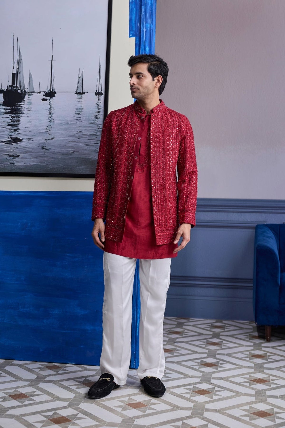 Maroon Mirror Embroidered & Thread Work Bandhgla Jacket With Kurta & Pants