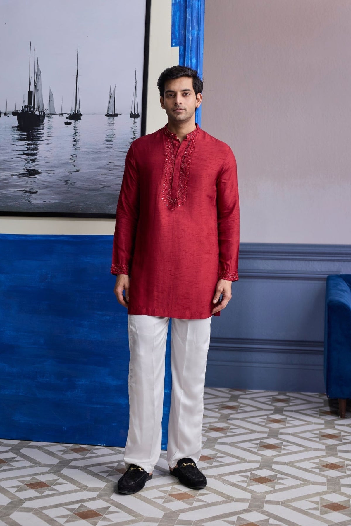 Maroon Mirror Embroidered & Thread Work Kurta With Pants