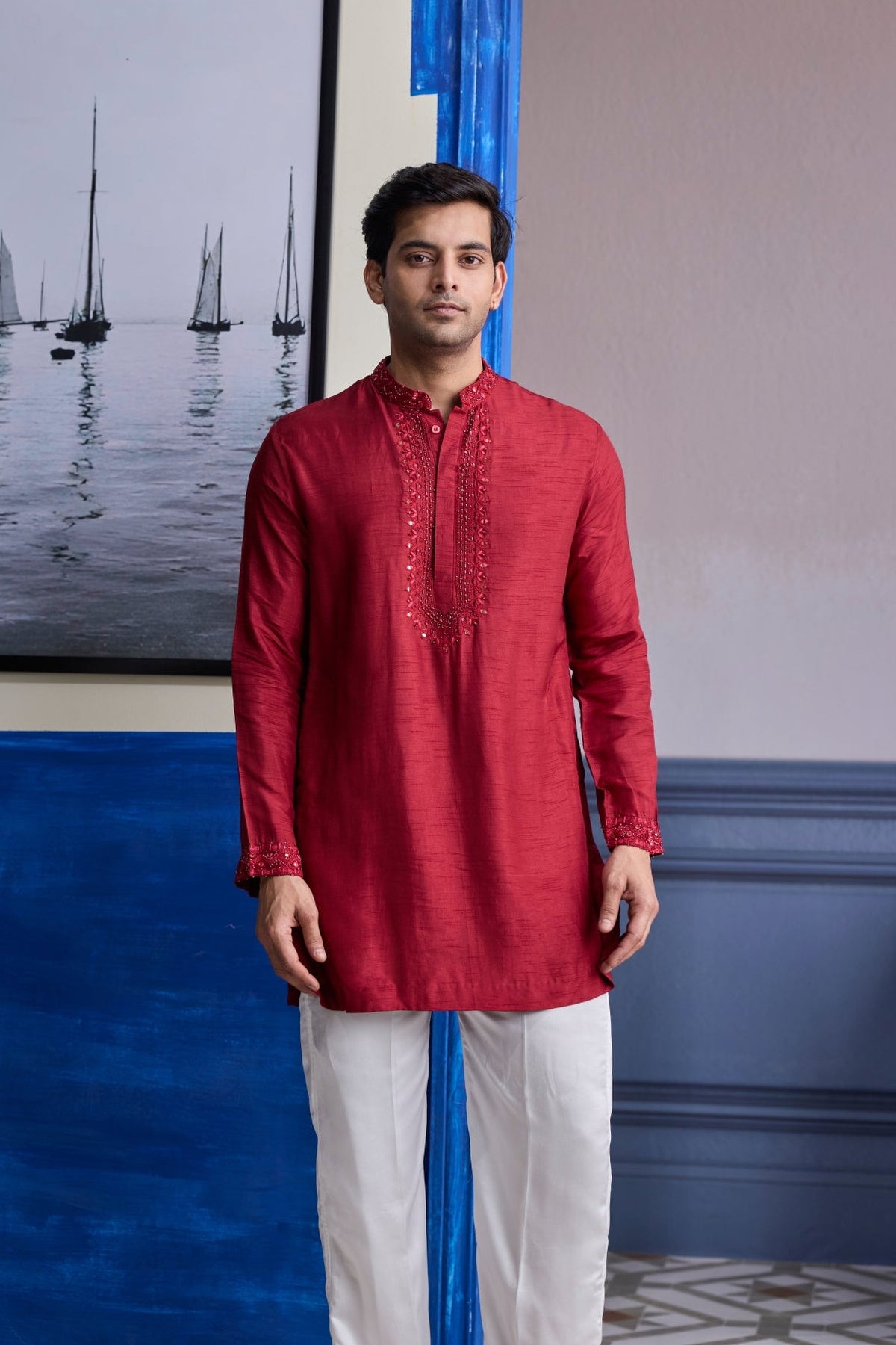 Maroon Mirror Embroidered & Thread Work Kurta With Pants