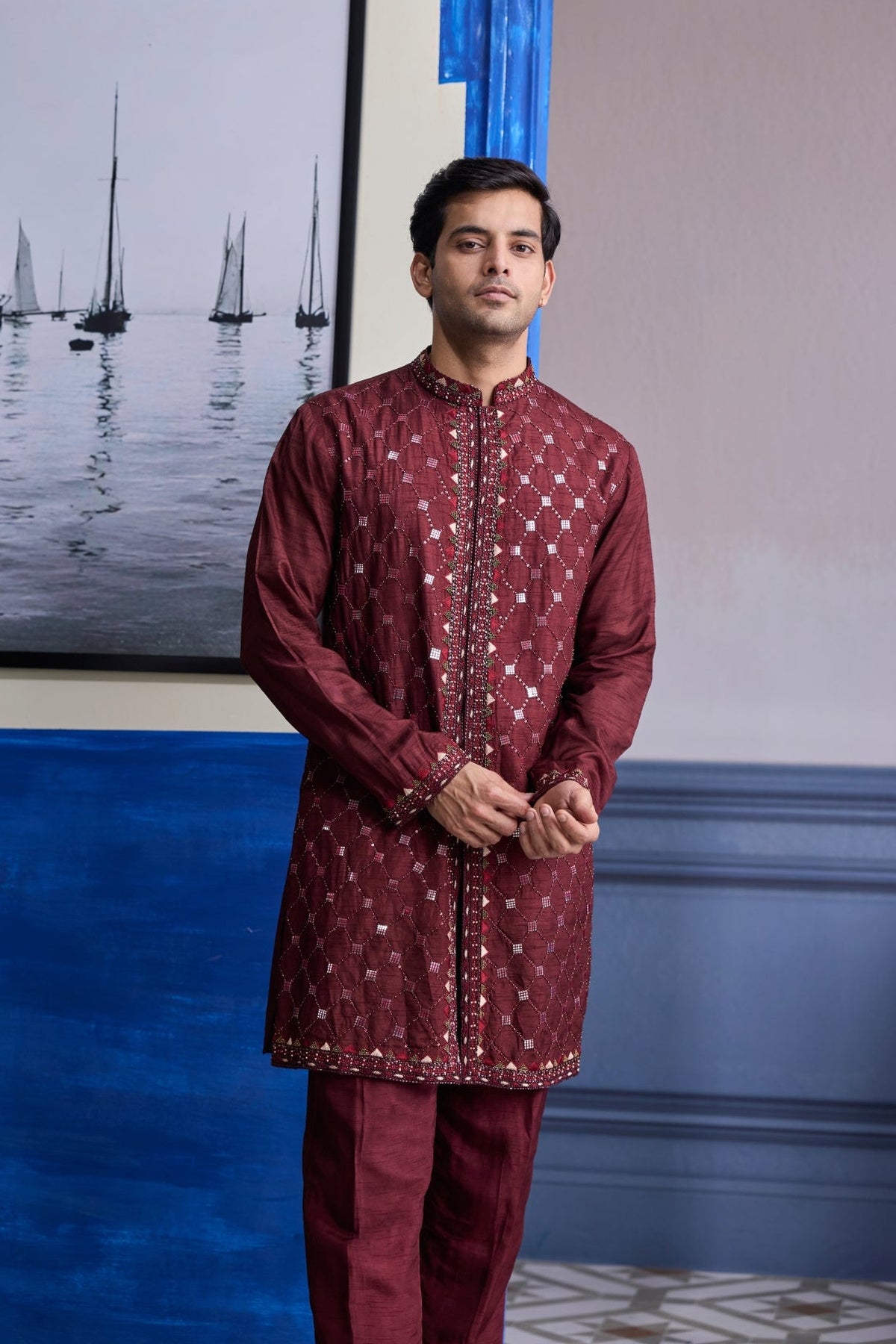 Maroon Mirror Embroidered Kurta Paired With Pants