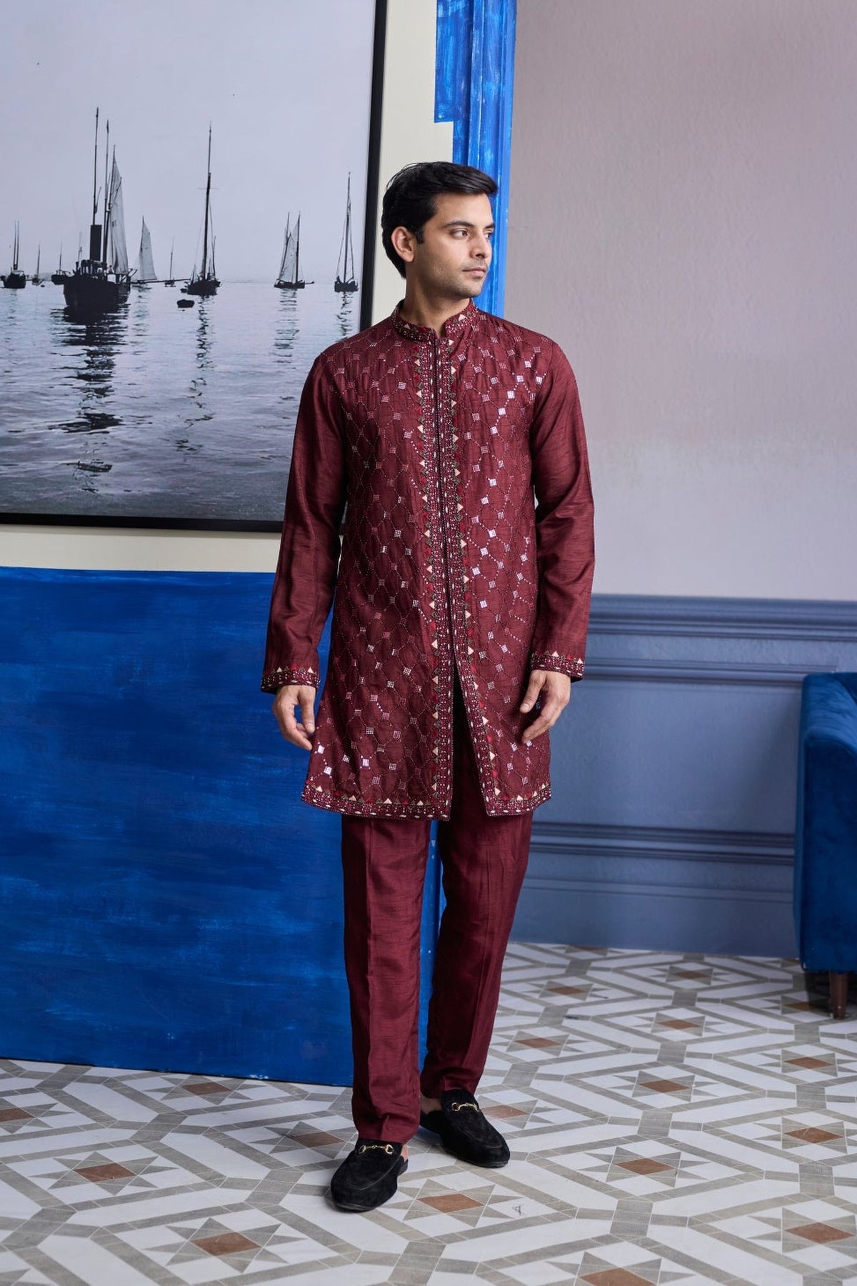Maroon Mirror Embroidered Kurta Paired With Pants