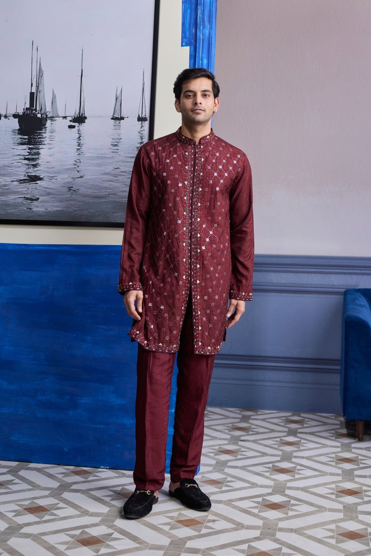 Maroon Mirror Embroidered Kurta Paired With Pants