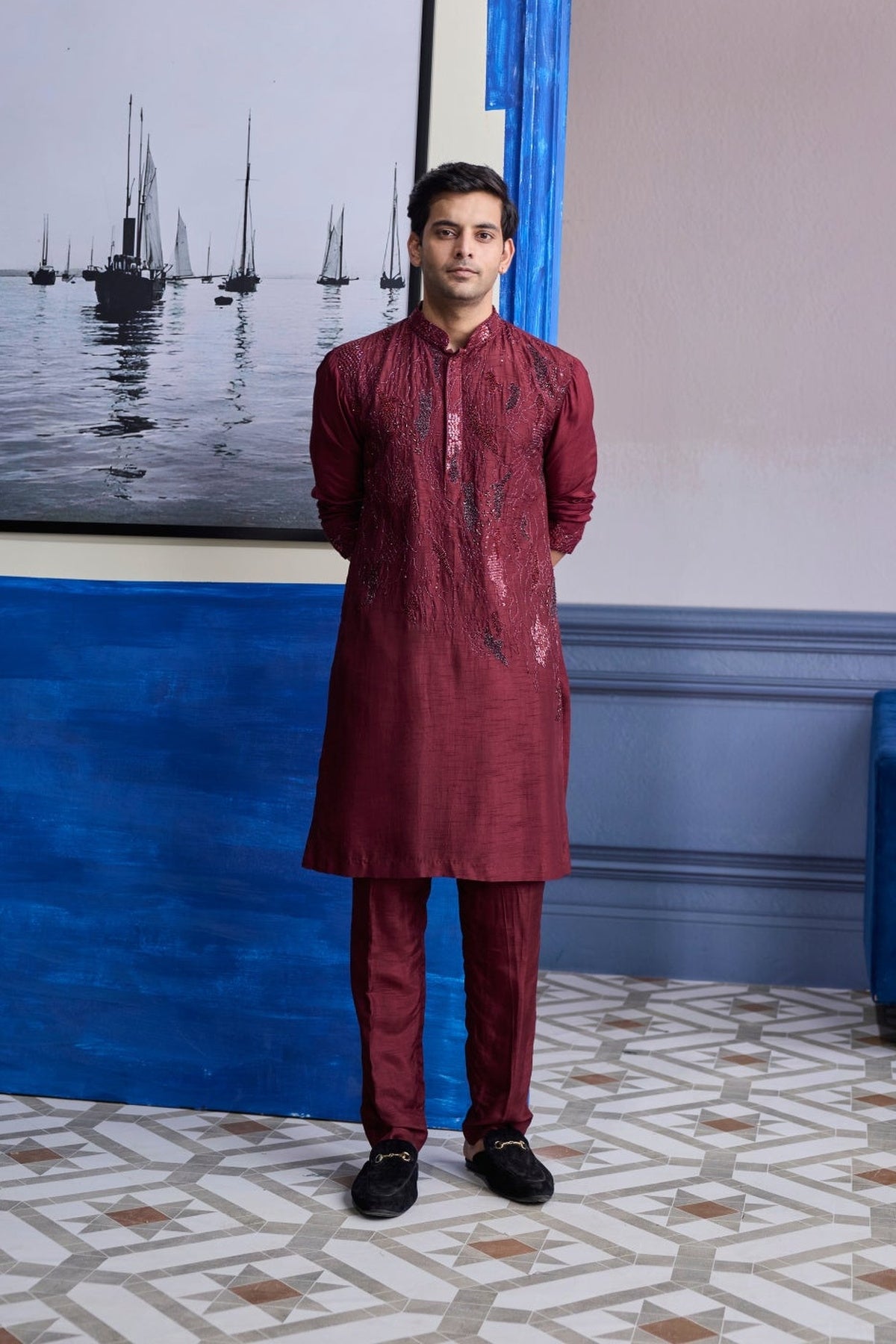 Maroon Abstract Embroidered Kurta Paired With Pants