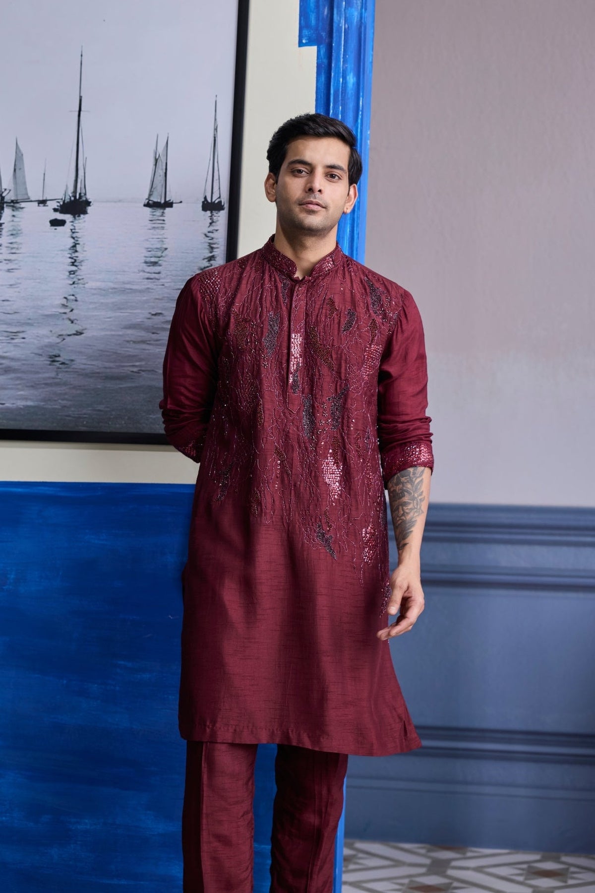 Maroon Abstract Embroidered Kurta Paired With Pants