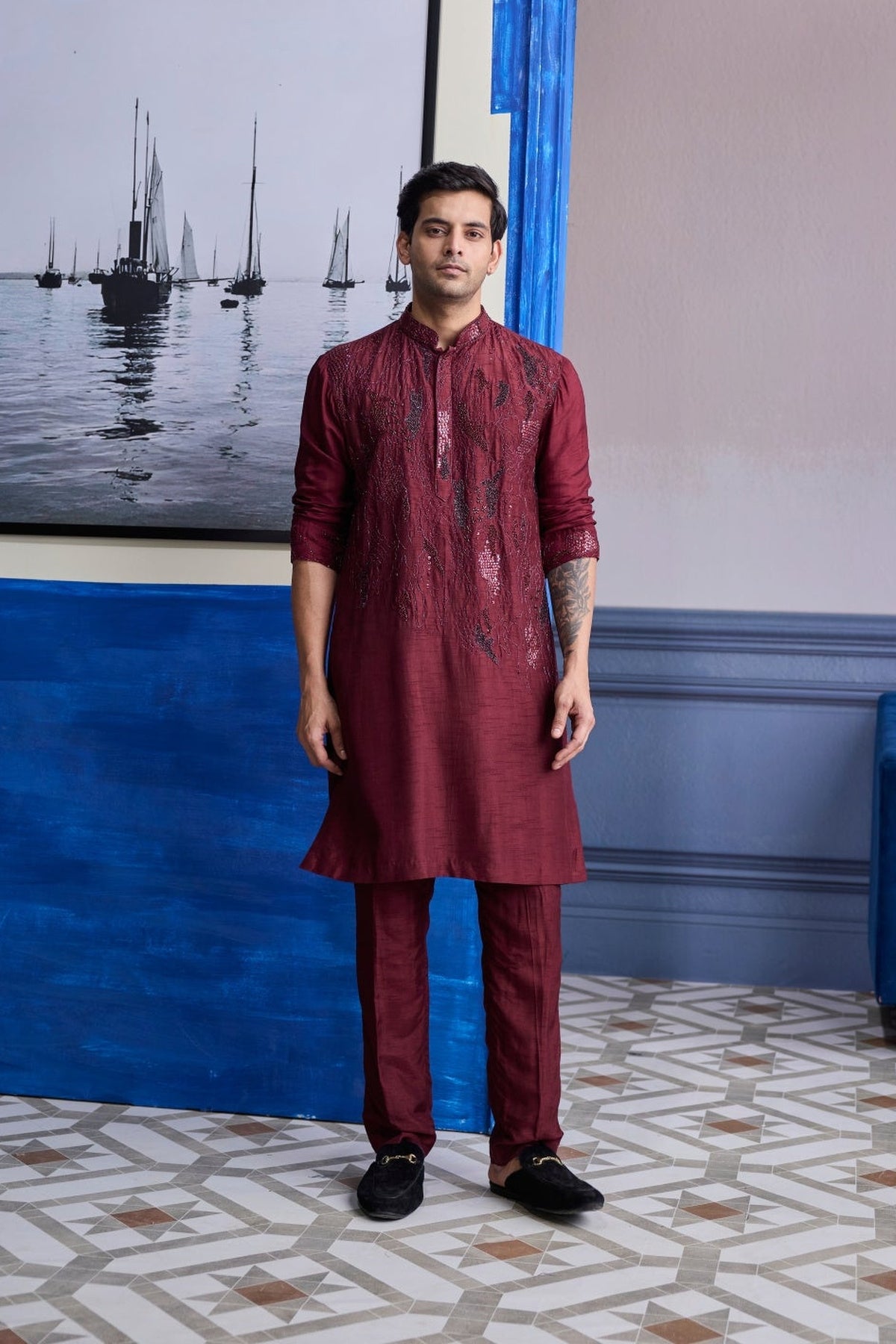 Maroon Abstract Embroidered Kurta Paired With Pants