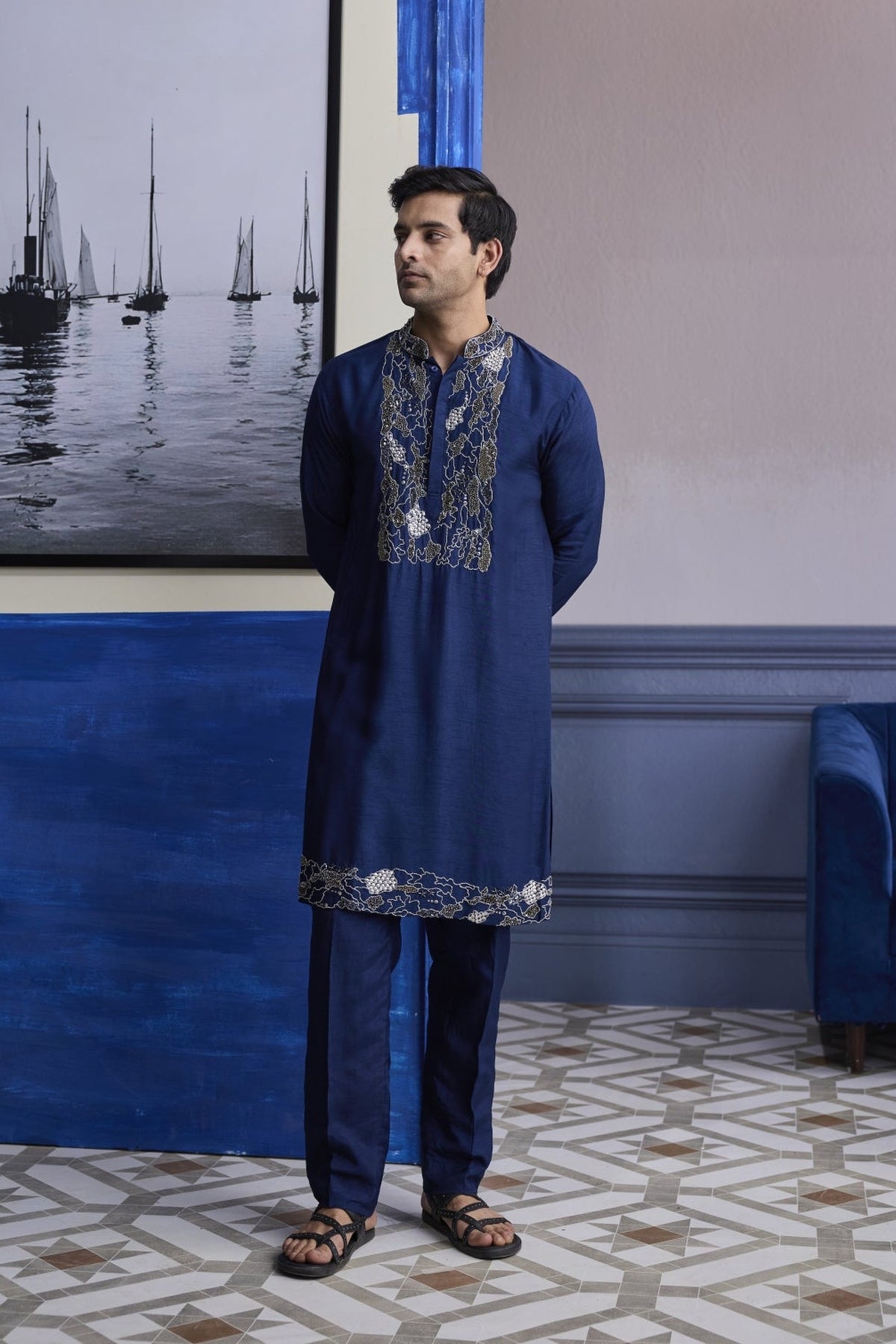 Dark Blue Abstract Emboidered Kurta With Solid Pants