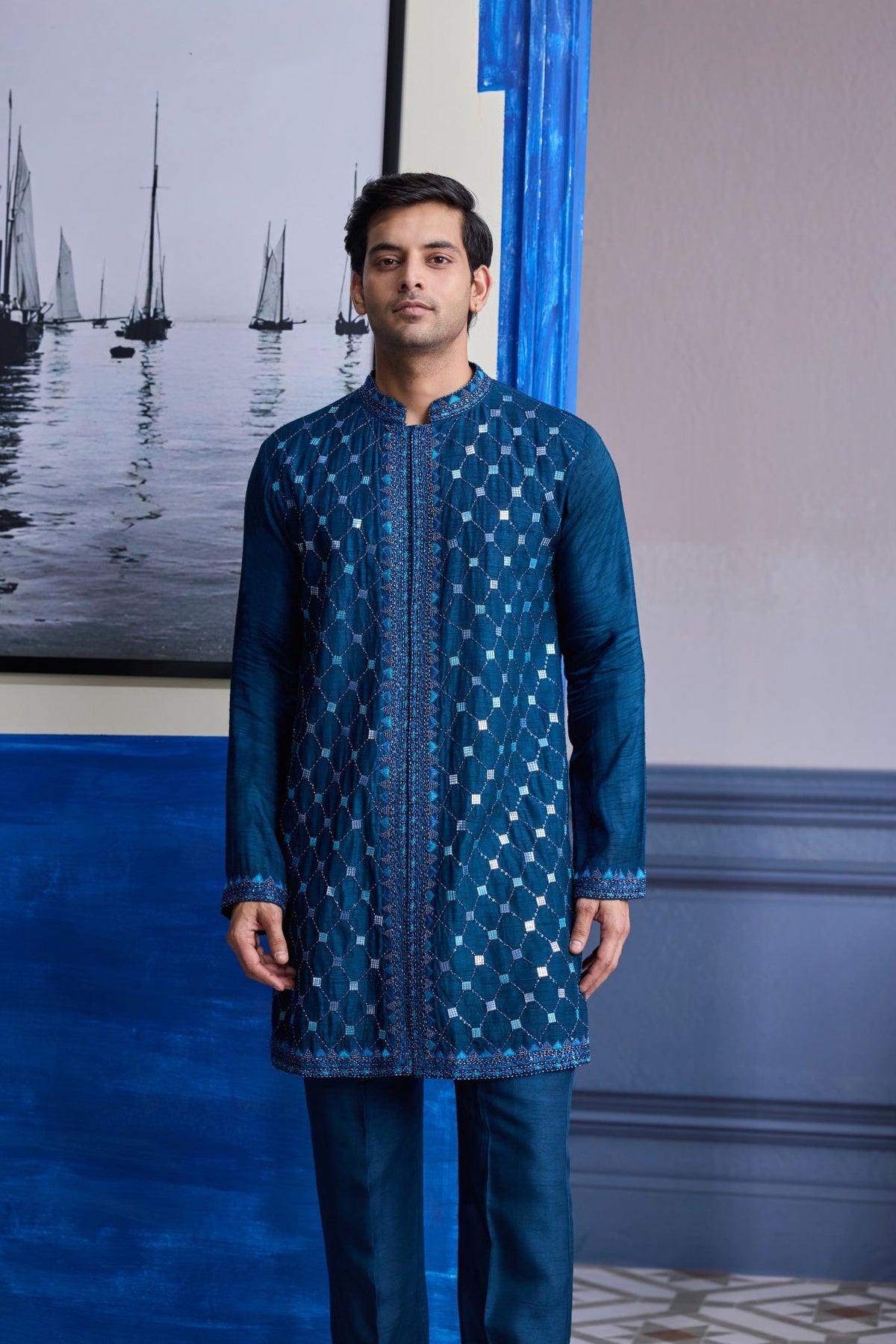 Teal Blue Mirror Embroidered Kurta Paired With Pants