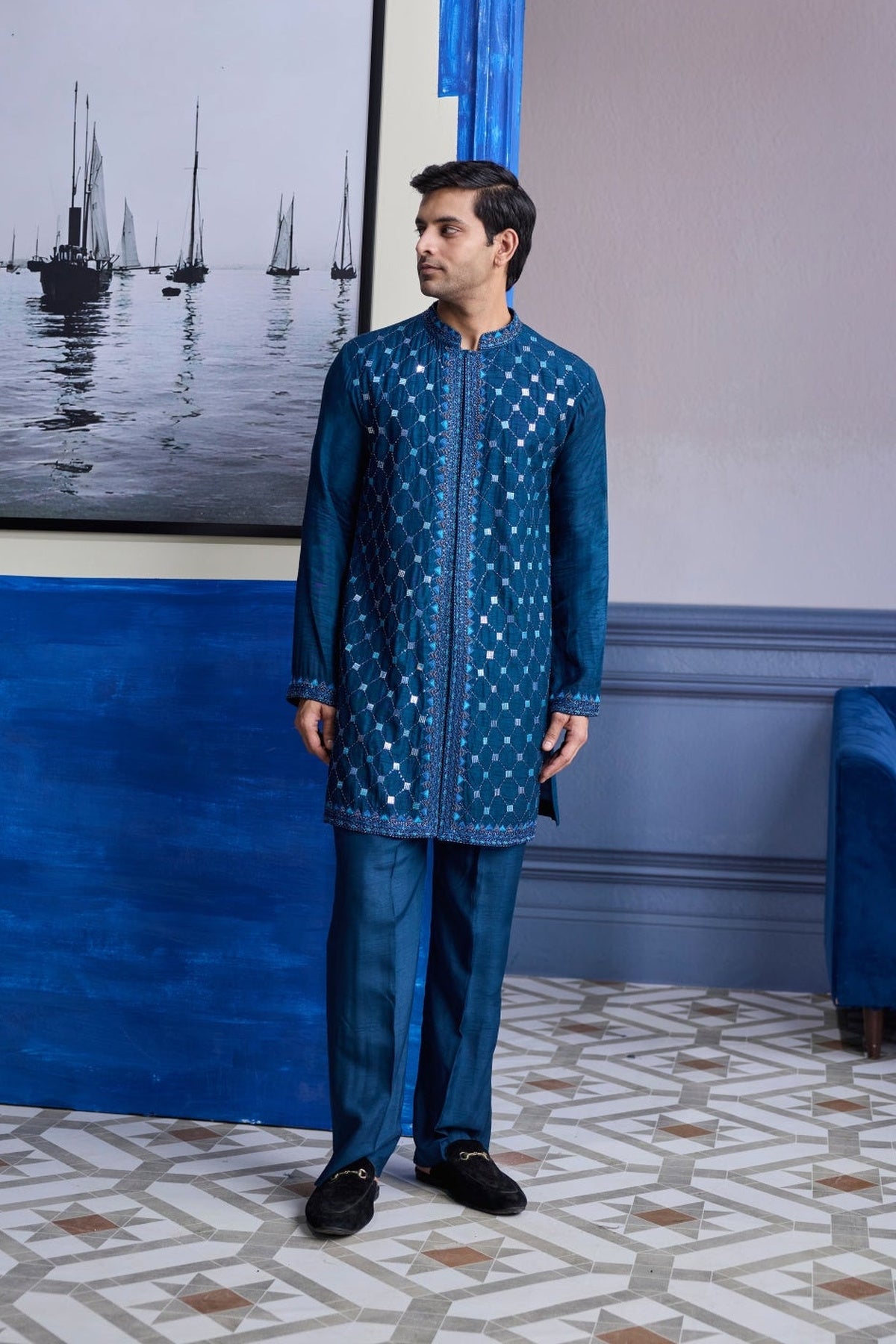 Teal Blue Mirror Embroidered Kurta Paired With Pants