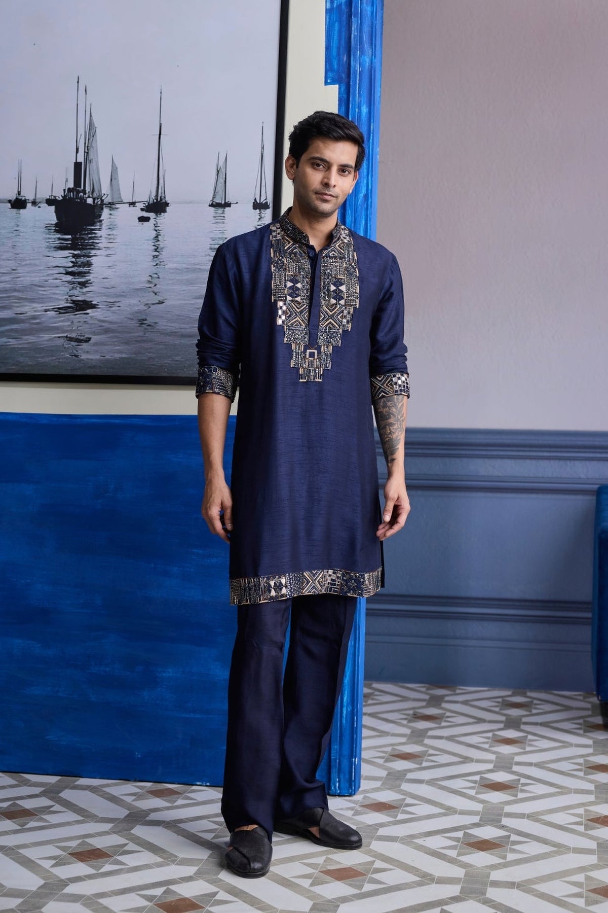 Dark Blue Geometric Emboidered Kurta With Solid Pants