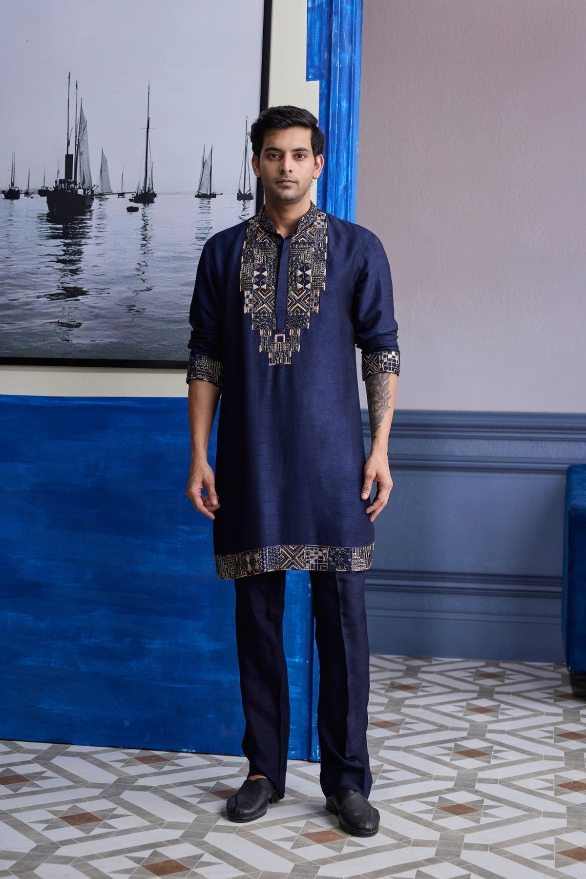 Dark Blue Geometric Emboidered Kurta With Solid Pants