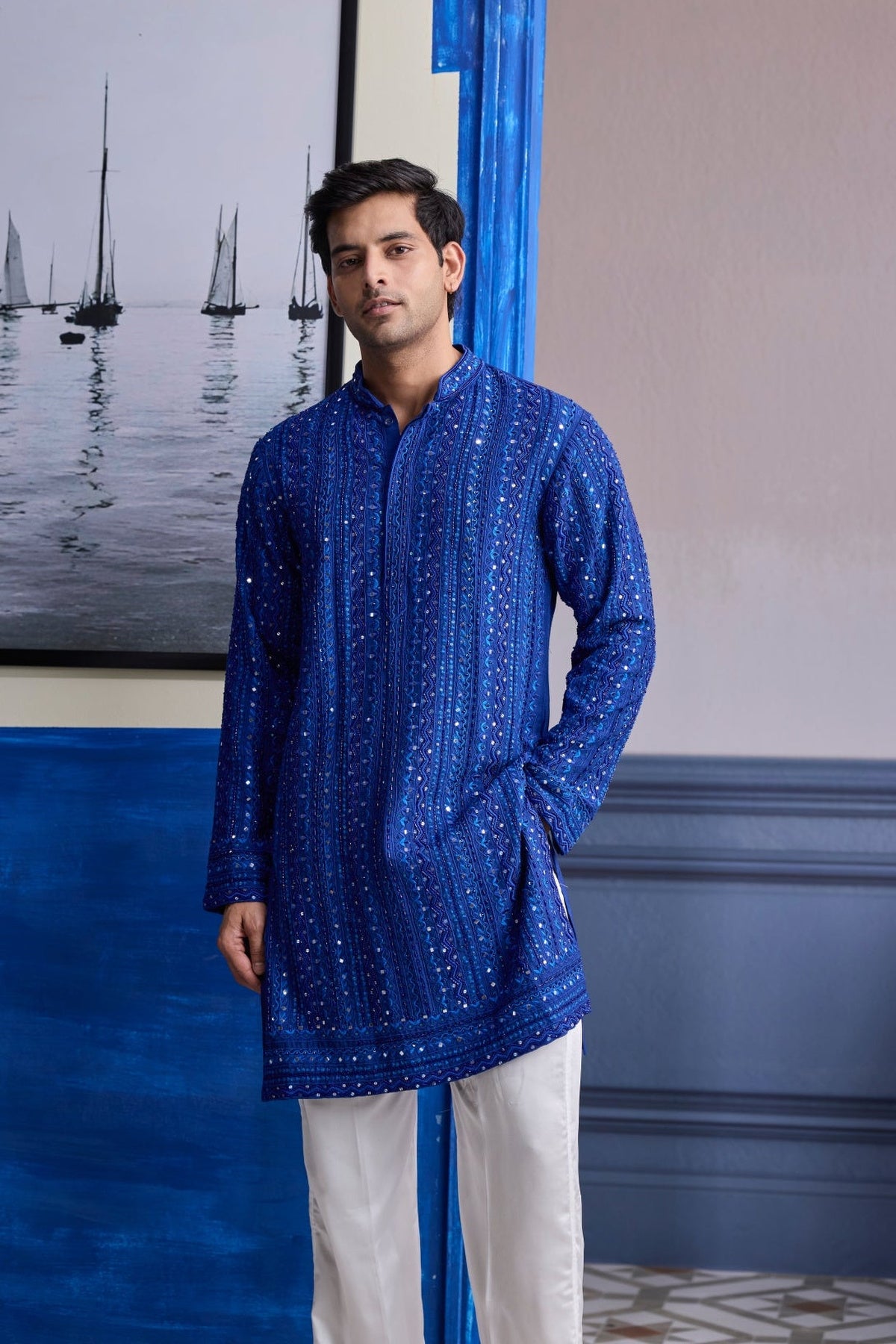 Electric Blue Mirror Embroidery & Thread Work  Kurta With Pants