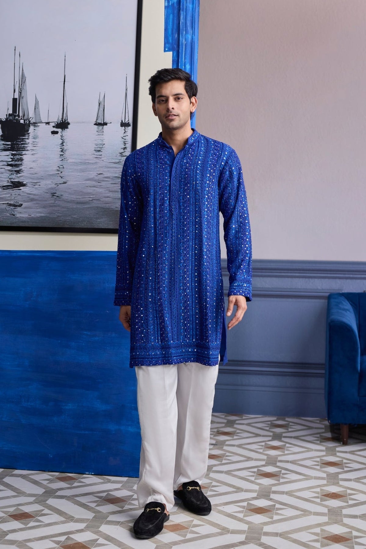 Electric Blue Mirror Embroidery & Thread Work  Kurta With Pants
