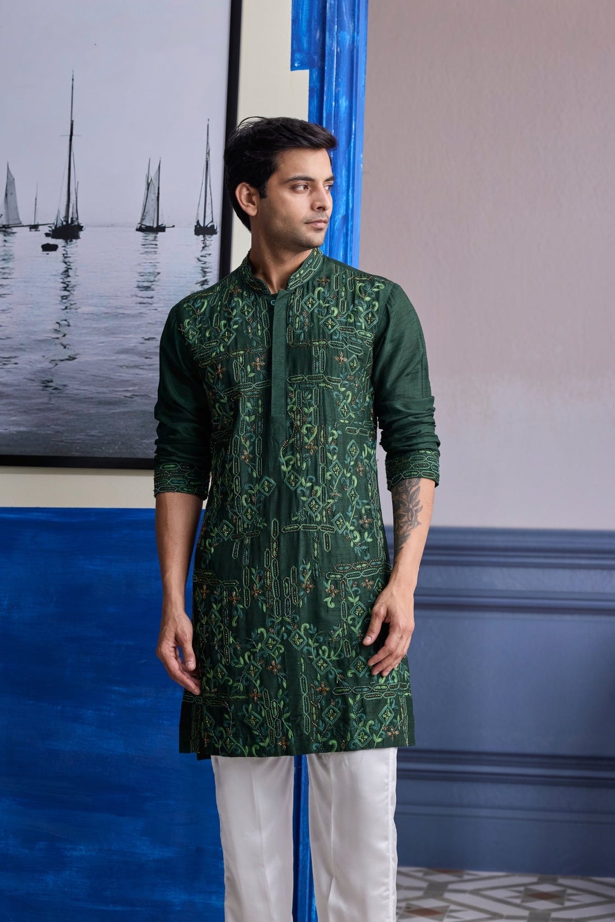 Bottle Green Thread Work Embroidered Kurta With Ivory Pants
