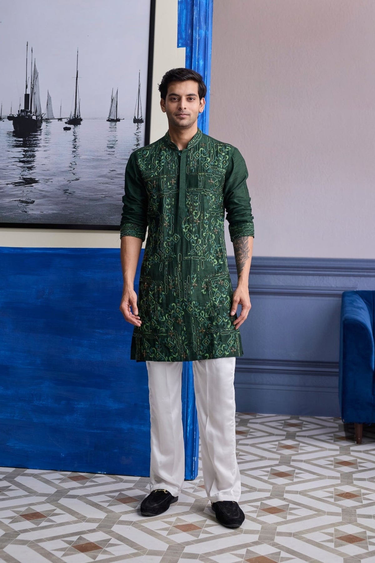Bottle Green Thread Work Embroidered Kurta With Ivory Pants