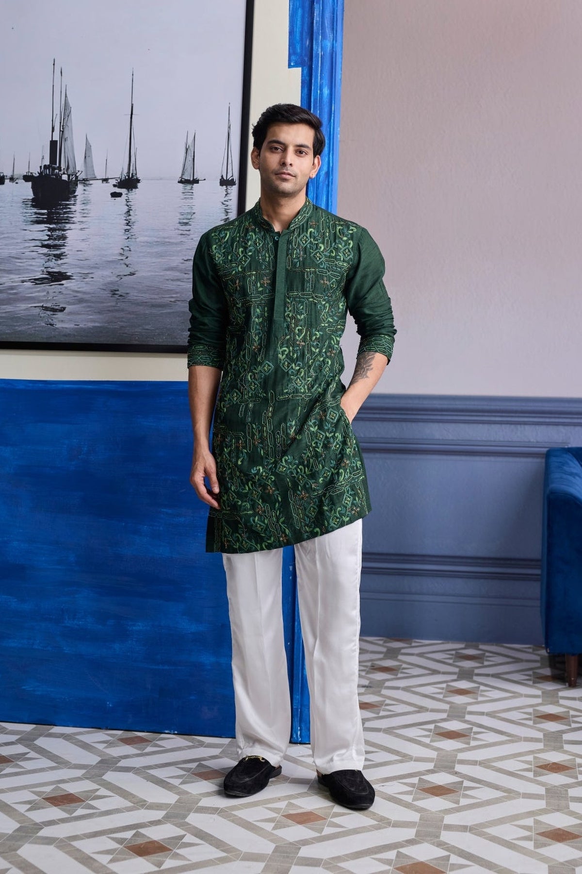 Bottle Green Thread Work Embroidered Kurta With Ivory Pants