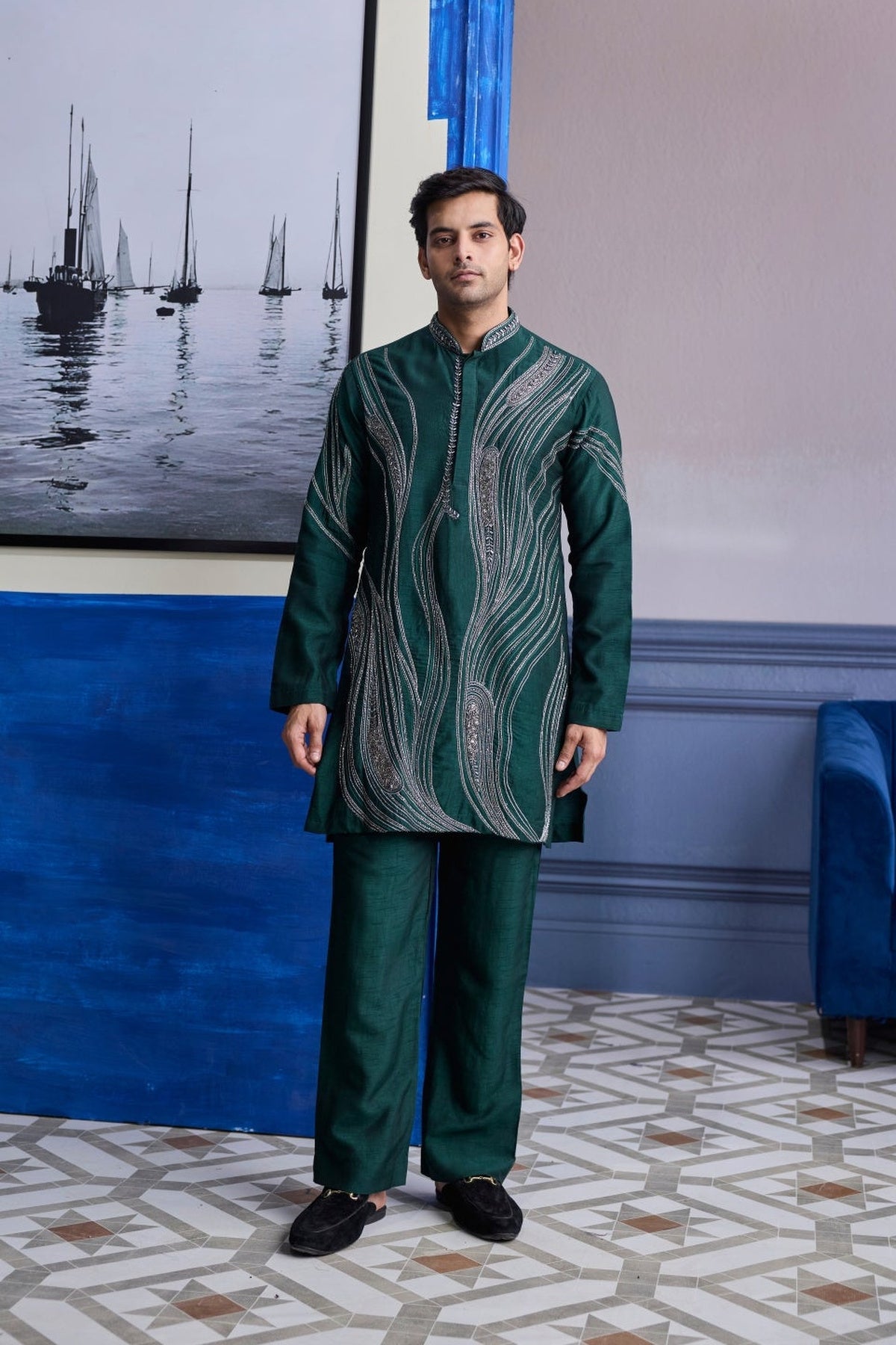 Dark Green Zari Embroidered Waves Kurta With Solid Pants
