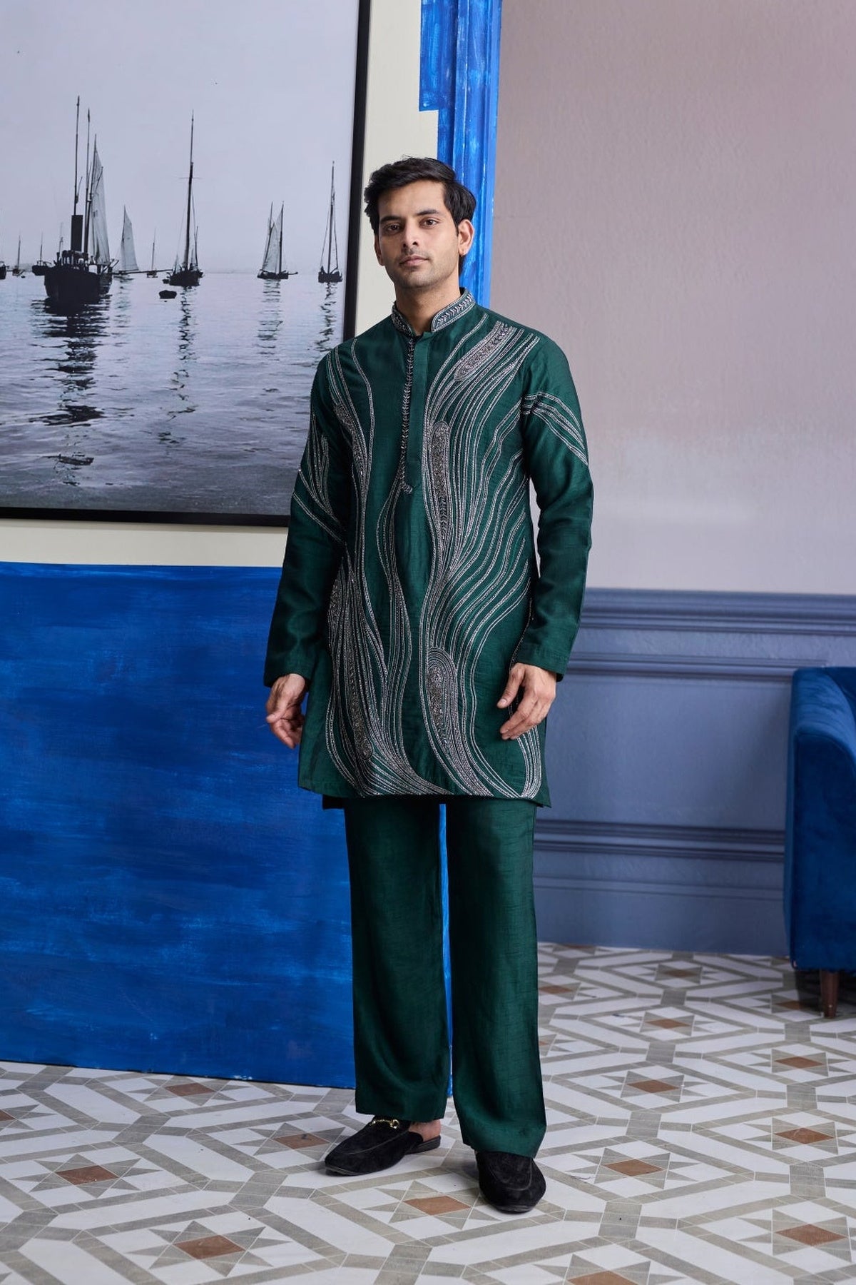 Dark Green Zari Embroidered Waves Kurta With Solid Pants