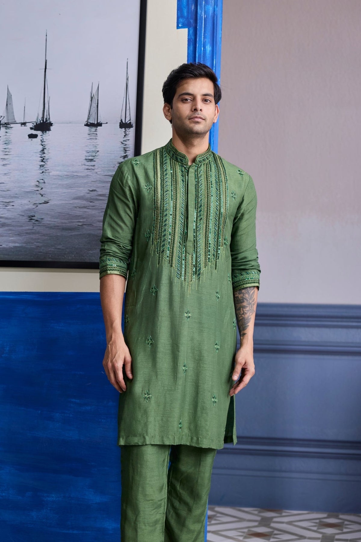 Sage Green Emboidered Kurta With Pants
