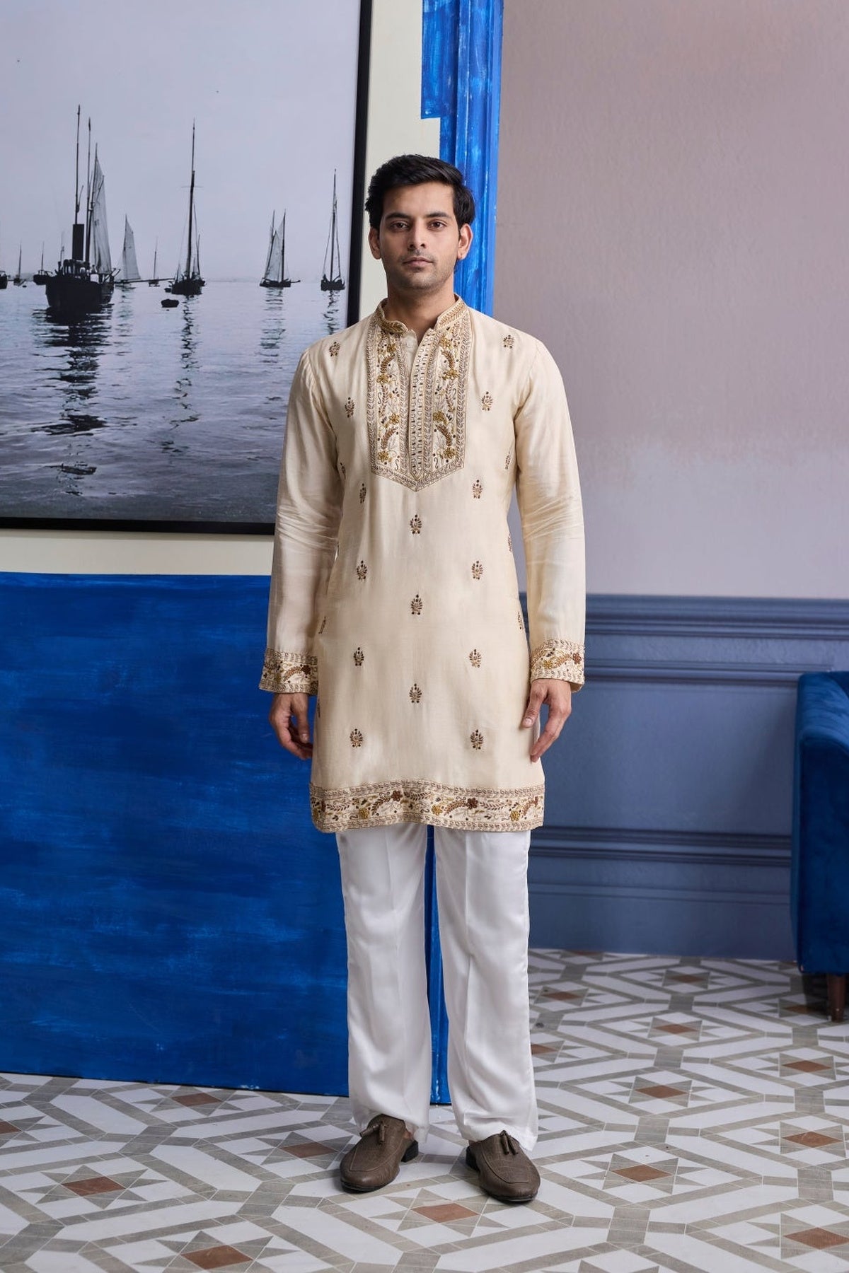 Ivory Thread Embroidered Yoke Kurta With Pants