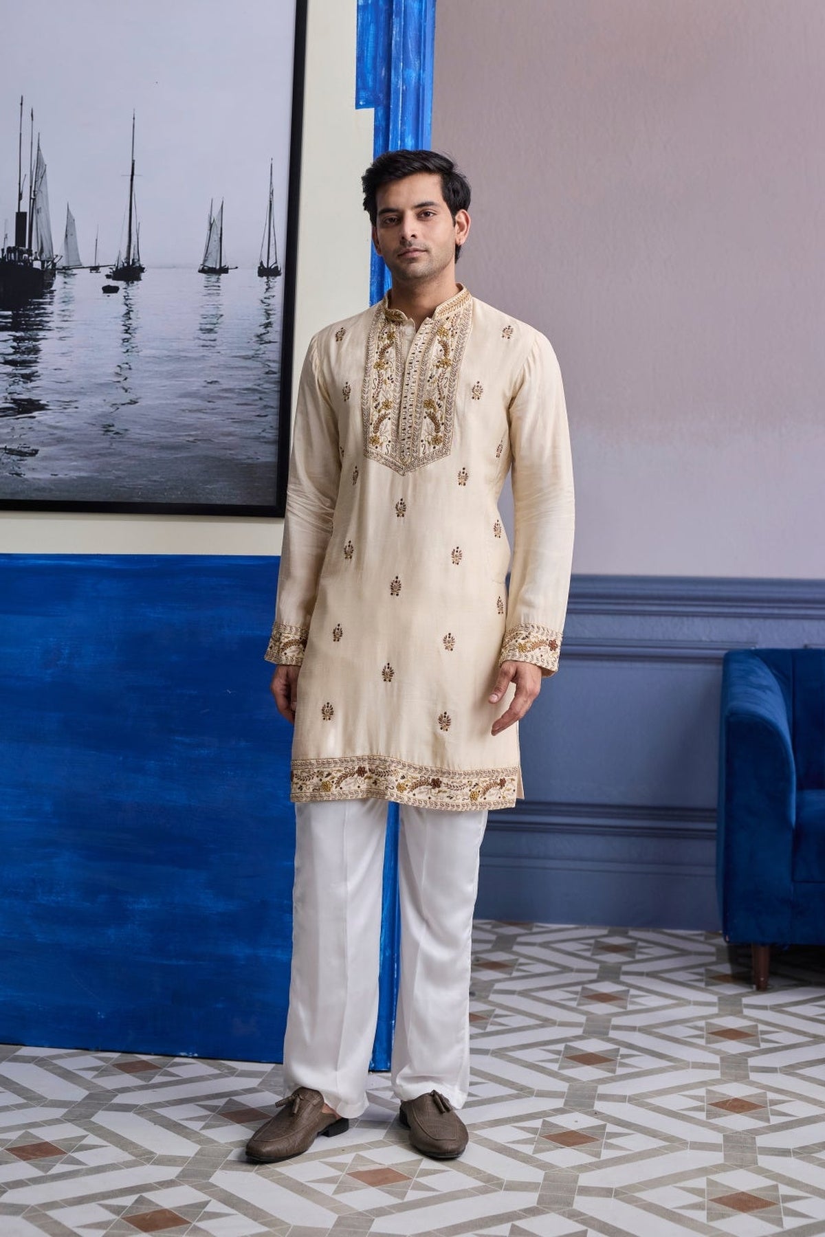 Ivory Thread Embroidered Yoke Kurta With Pants