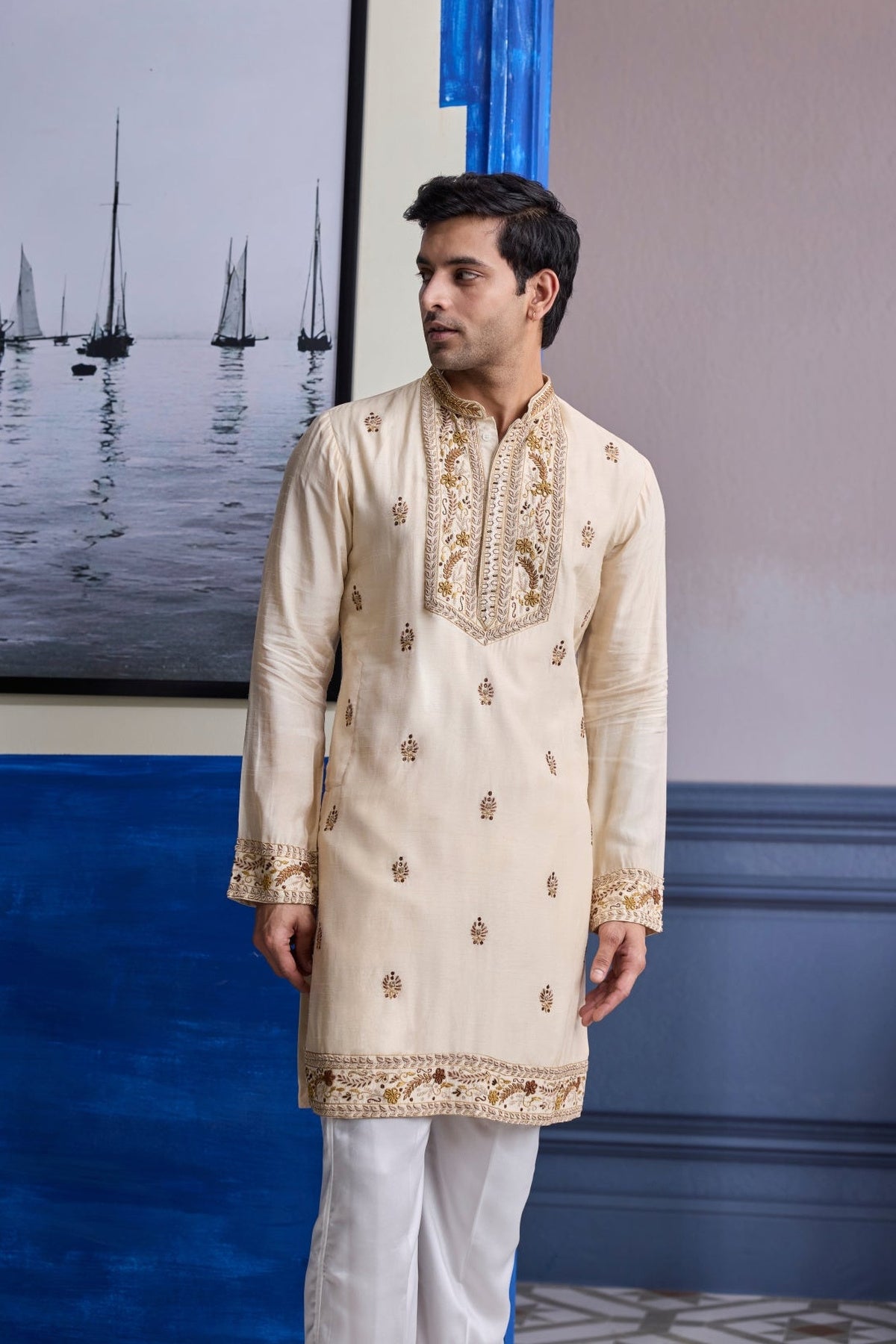 Ivory Thread Embroidered Yoke Kurta With Pants