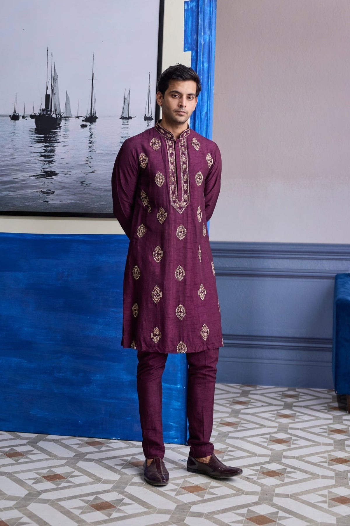 Plum Embroidered Placket Kurta With Pants