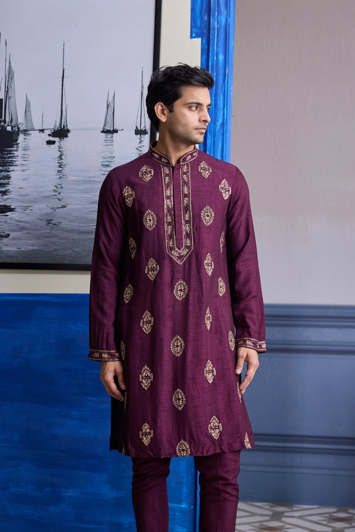 Plum Embroidered Placket Kurta With Pants
