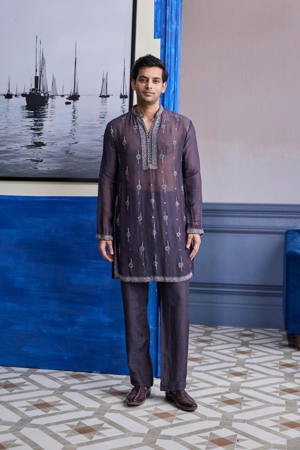 Charcol Grey Sheer Embroidered Kurta With Pants