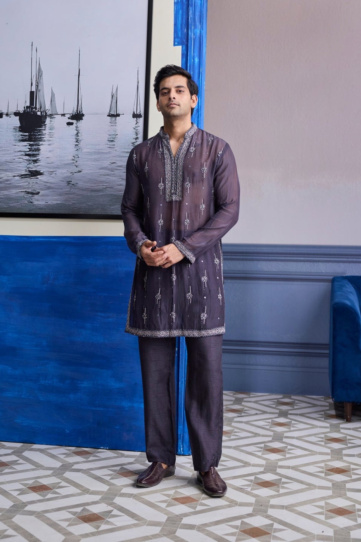 Charcol Grey Sheer Embroidered Kurta With Pants