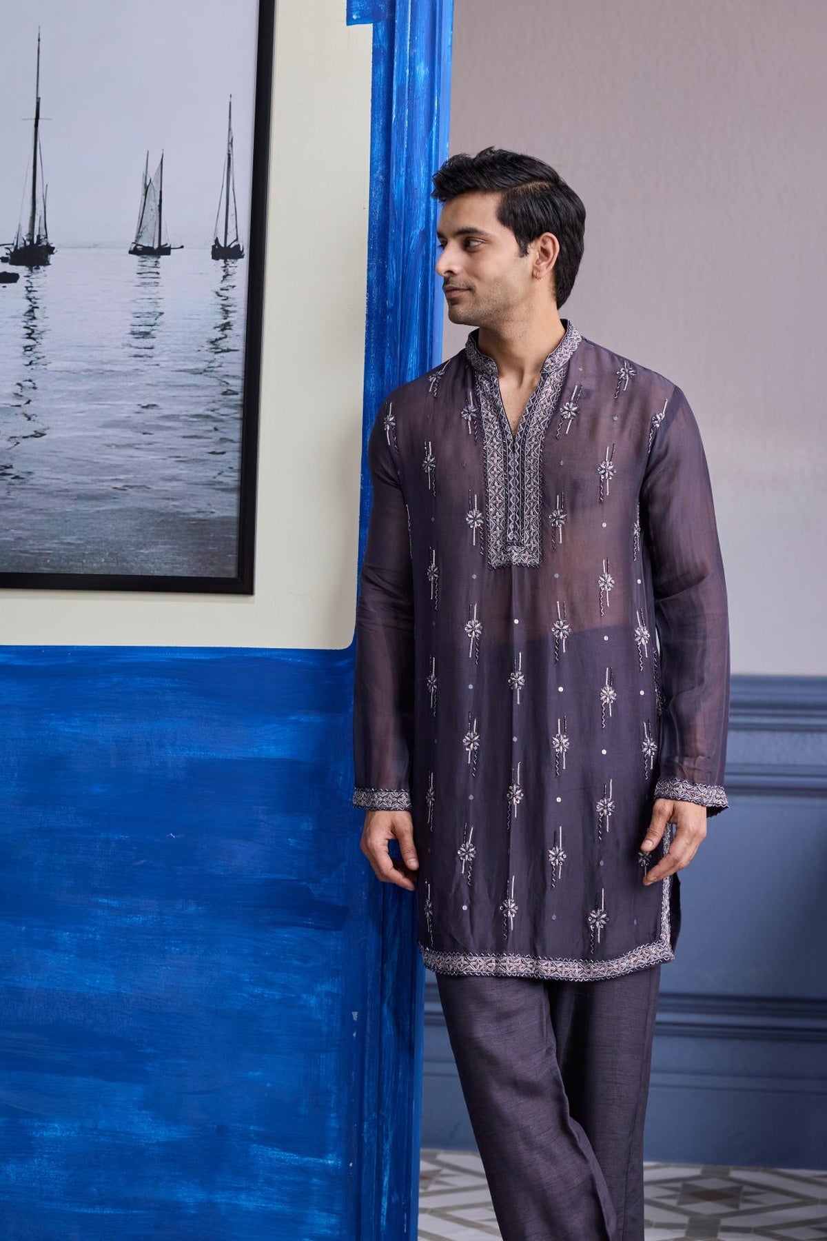 Charcol Grey Sheer Embroidered Kurta With Pants