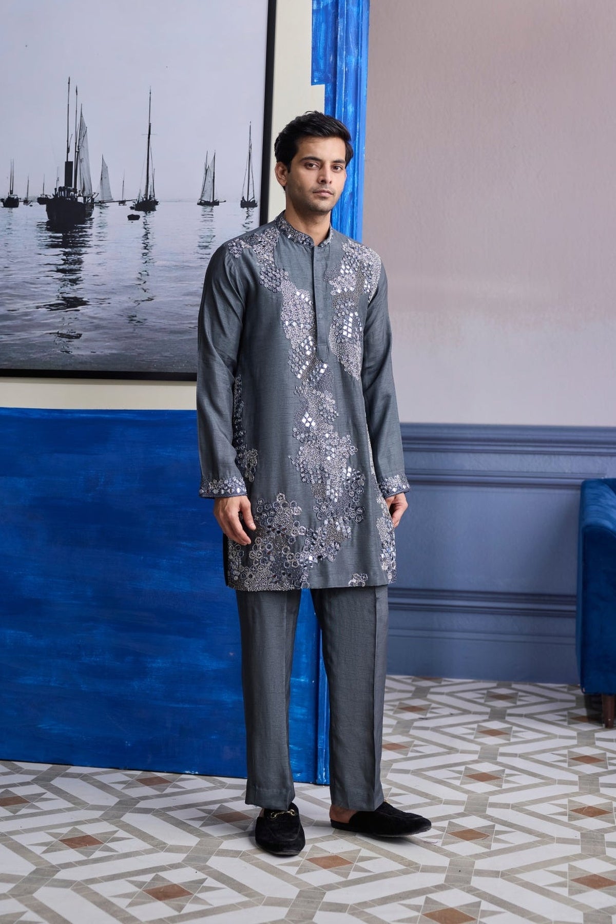 Steel Grey Embroidered Kurta With Pants