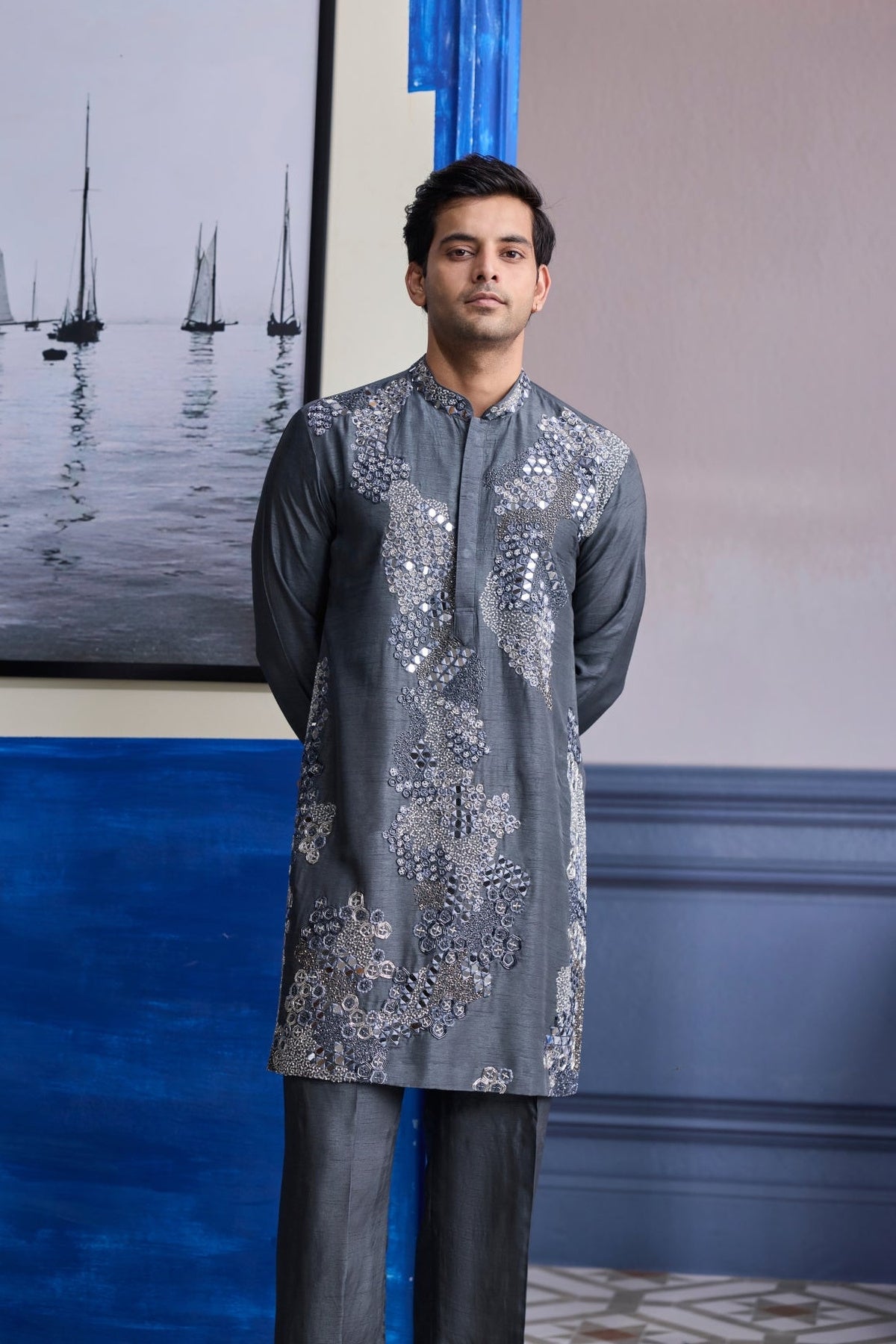 Steel Grey Embroidered Kurta With Pants