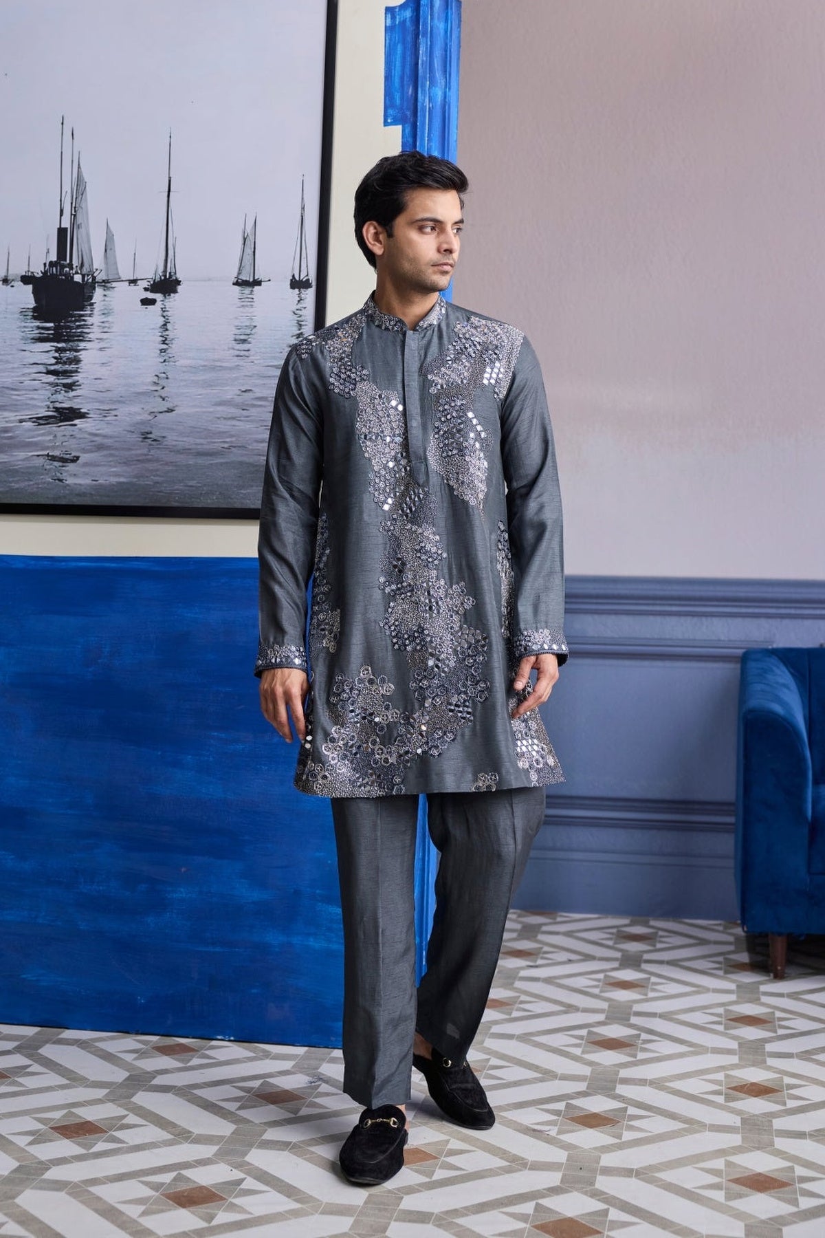 Steel Grey Embroidered Kurta With Pants