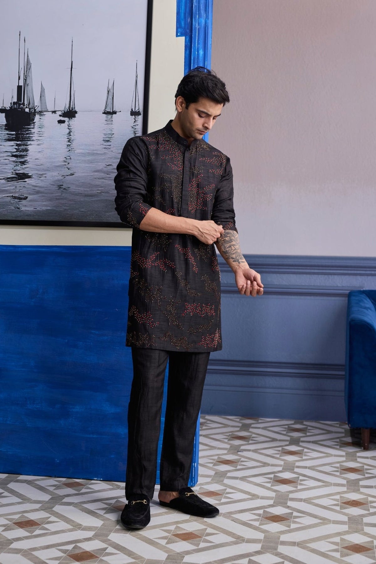 Black Abstract Embroidered Kurta With Pants